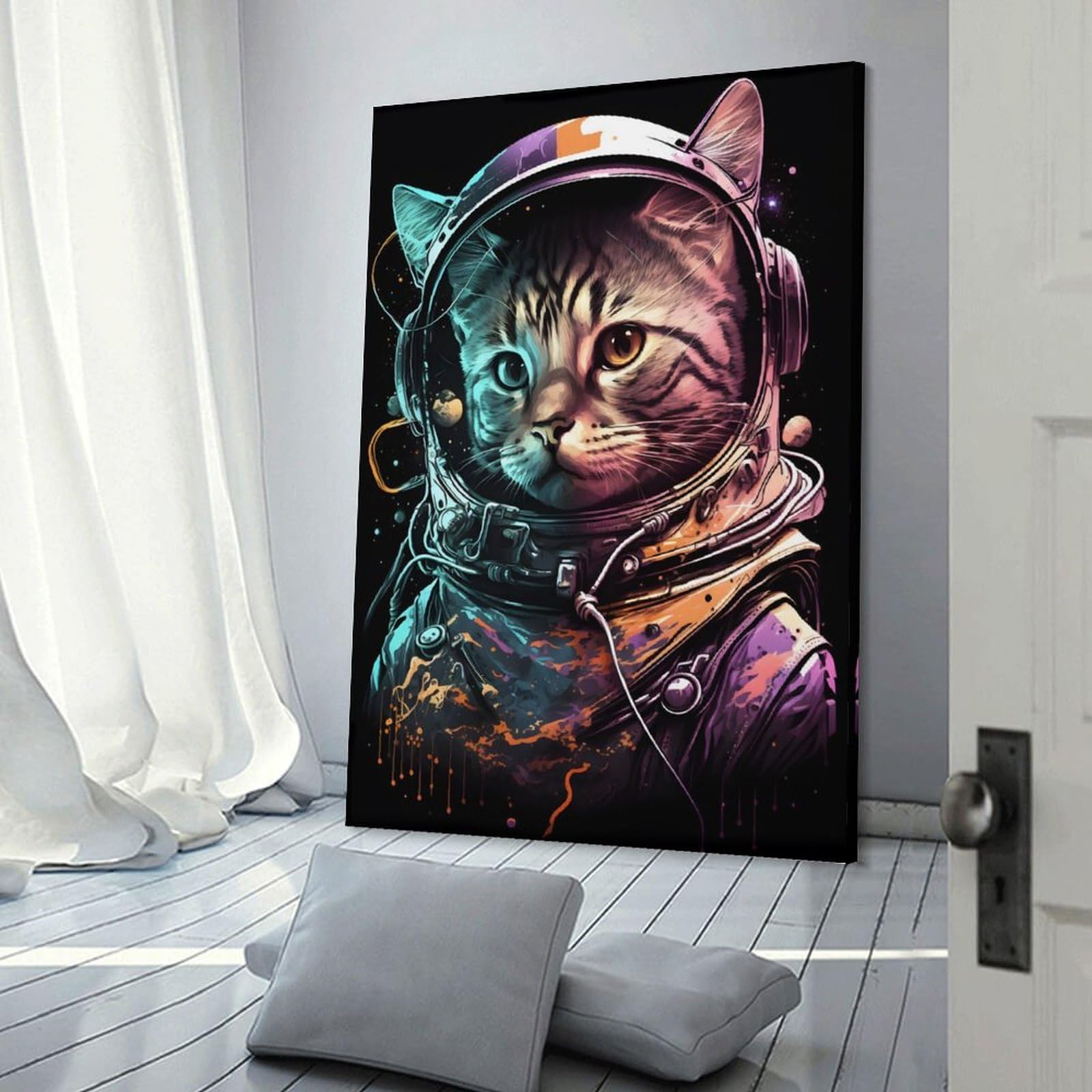 Junmoney Cat As An Astronaut Wall Picture Print 20x30inch(50x75cm), for Entryway, Lounge Links Or Small Walls, Decorative Wall Art for Narrow Spaces