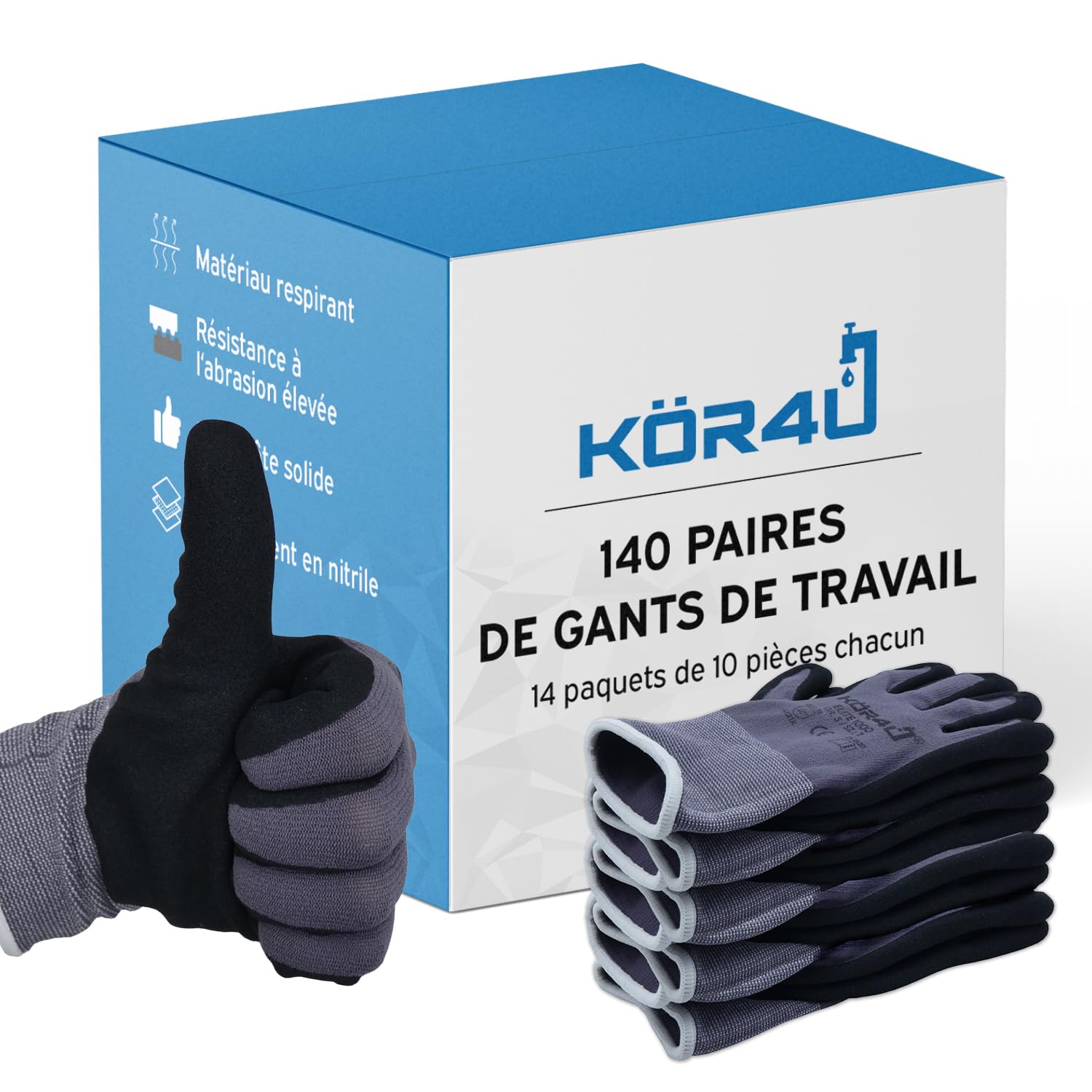 kör4u Elite Lot de 140 paires de gants de travail respirants et enduits, adaptés comme gants de protection, gants de jardinage pour femmes et mécaniciens, revêtement en nitrile de qualité supérieure,