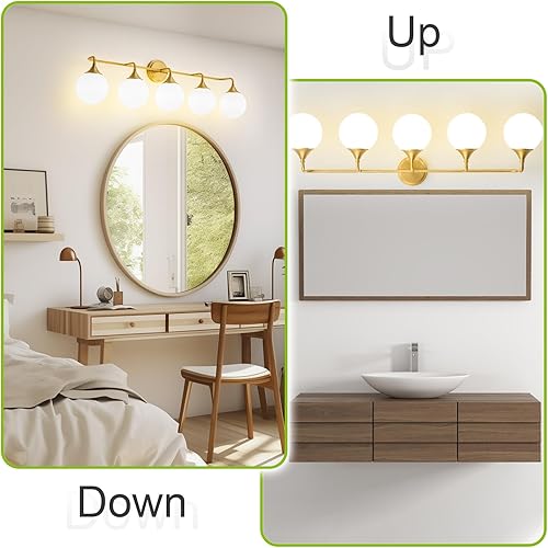 Miniatura 3 de Lámparas de baño doradas, modernas luces de tocador sobre el espejo, aplique de pared de latón cepillado, 5 luces con pantallas de bola de vidrio