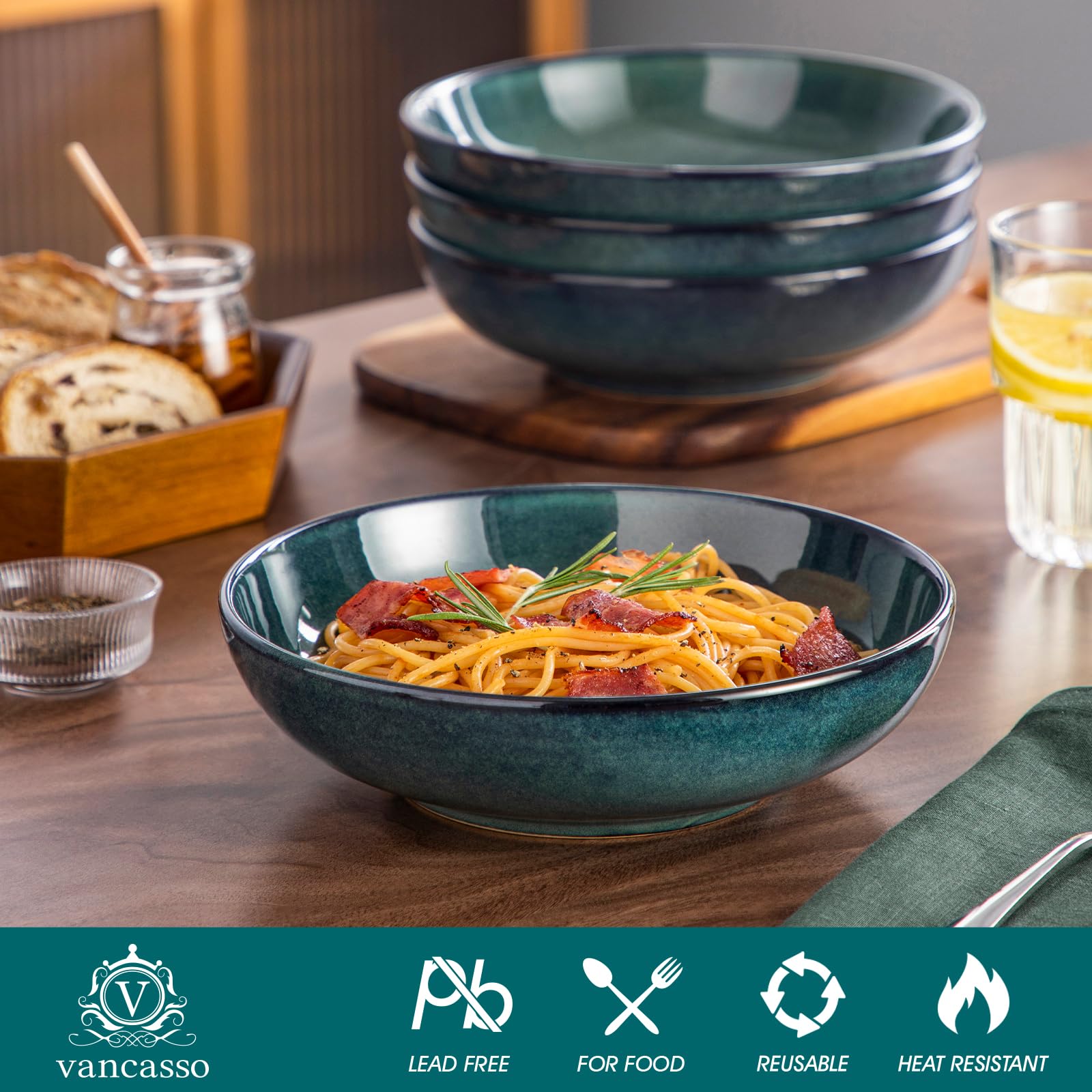 vancasso STERN 4 Cuencos para Pasta, 1140 ml, Ensaladas de Gres, Platos Hondos de Cena, Apto para Lavavajillas y Microondas, Esmaltado Reactivo Verde
