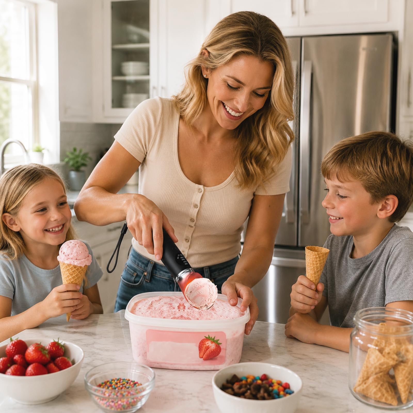 Cuillère à glace chauffante en acier inoxydable, 3 vitesses de température (49 °C/60 °C/71 °C) pour glace dure et gélato, charge rapide USB-C avec écran LED, étanche (IP67), cuillère ergonomique pour