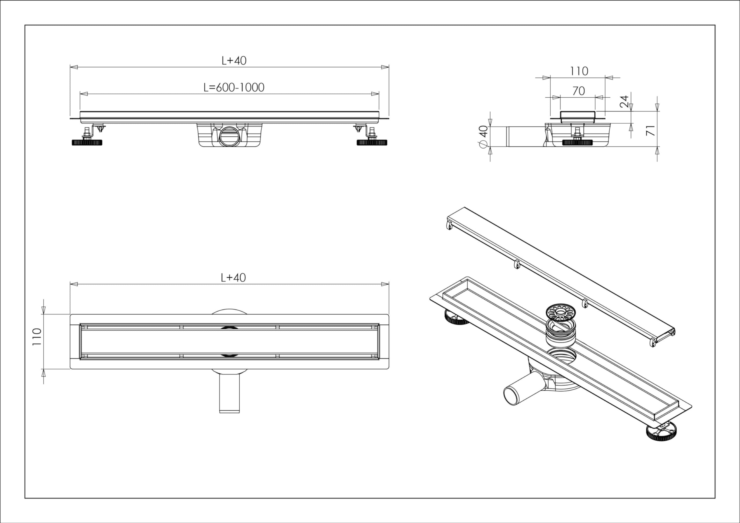 Bernstein FlexGT02 Odpływ liniowy do prysznica 60 cm - kanał prysznicowy stal nierdzewna SUS304 gunmetal, odwodnienie liniowe z obrotowym syfonem 360, sitko na włosy, wydajność do 40 l/min