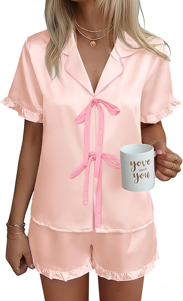 Ekouaer Satin Pajama for Women Short Sleeve Silky Pj Short Sets Lounge Set