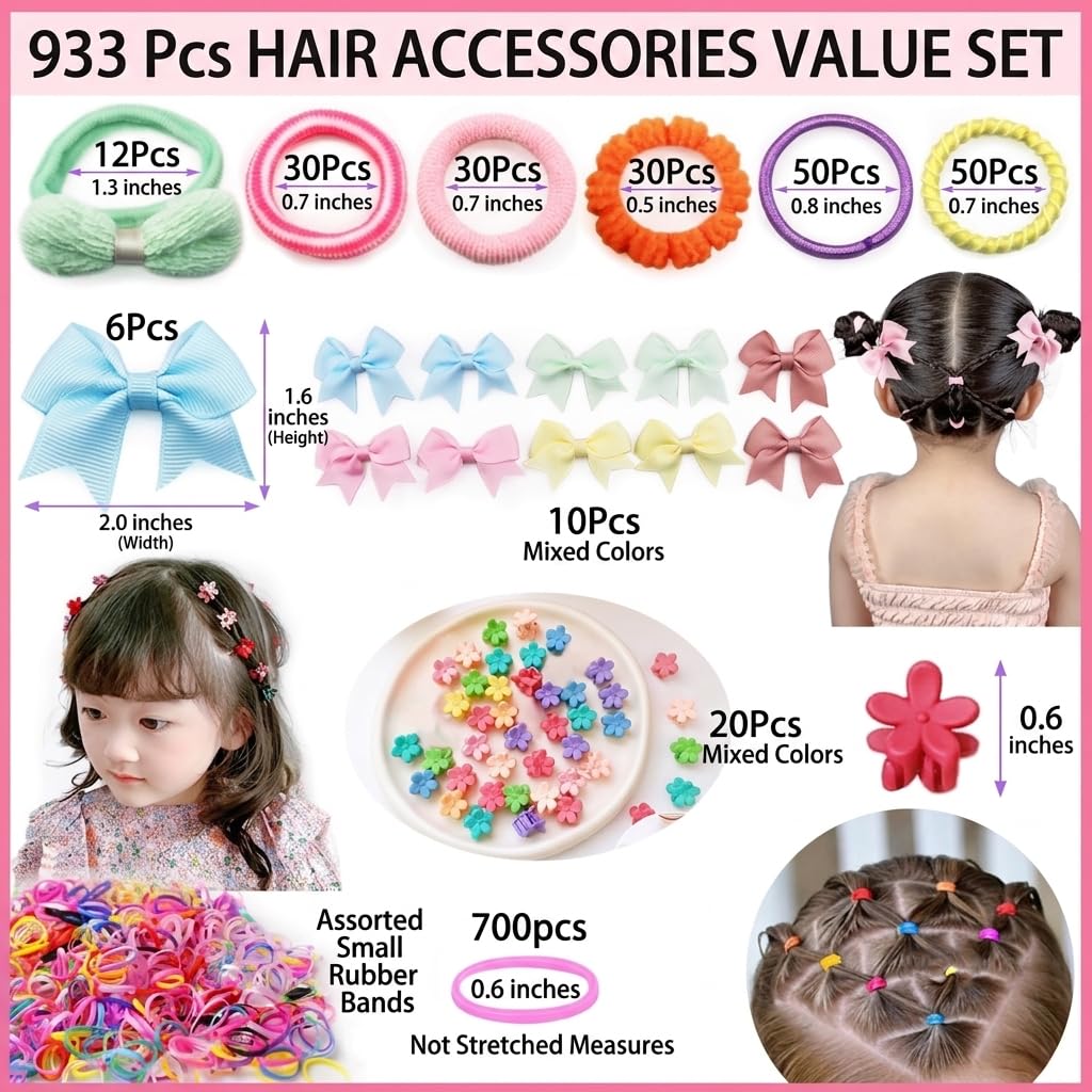 Hair Ties for Little Girls, 933Pcs Toddler Hair Accessories Set with Soft Rubber Bands, Bows & Flower Claws, No Pull for Thin Hair | Ligas para Cabello de Niñas (Pink)