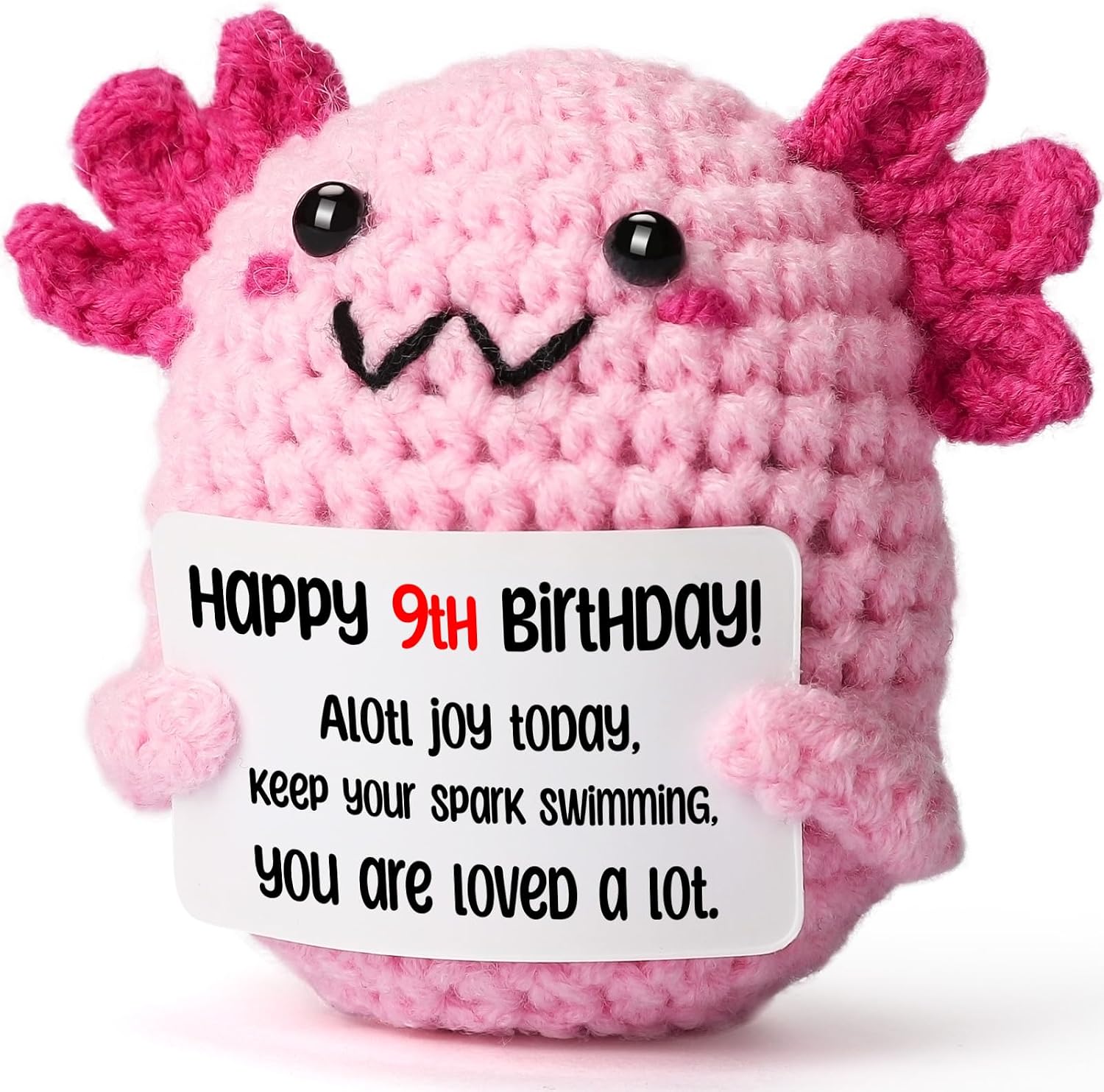 9 Year Old Girl Birthday Gift Ideas – Mini Crochet Axolotl Plush with 9th Birthday Card, Kawaii Room Locker Decor, Trendy Tween Present