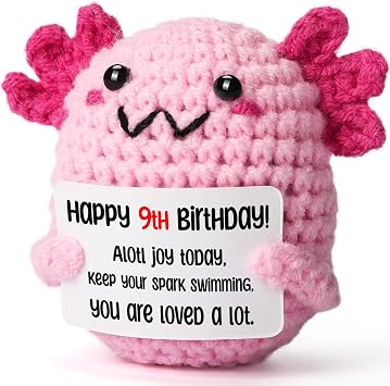 9 Year Old Girl Birthday Gift Ideas Mini Crochet Axolotl Plush with 9th Birthday Card, Kawaii Room Locker Decor, Trendy Tween Present