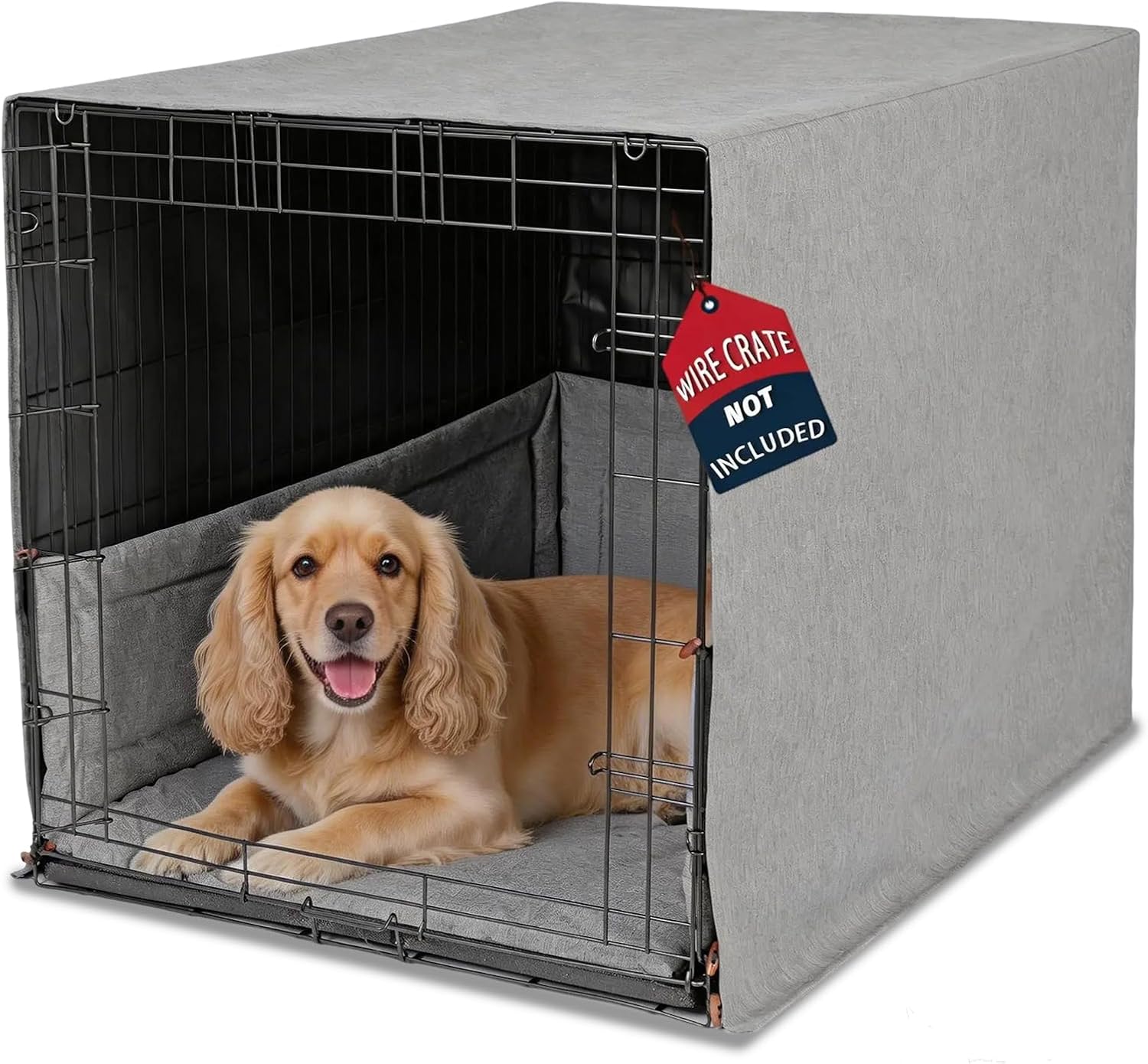 Calming Dog Crate Cover for 24 Inch Cage with Mat and Bumper - 3-Piece Set Heavy Duty Oxford Fabric, Waterproof Back, Chew Resistant, Wooden Buttons, Furniture Style Cover, Machine Washable, Gray