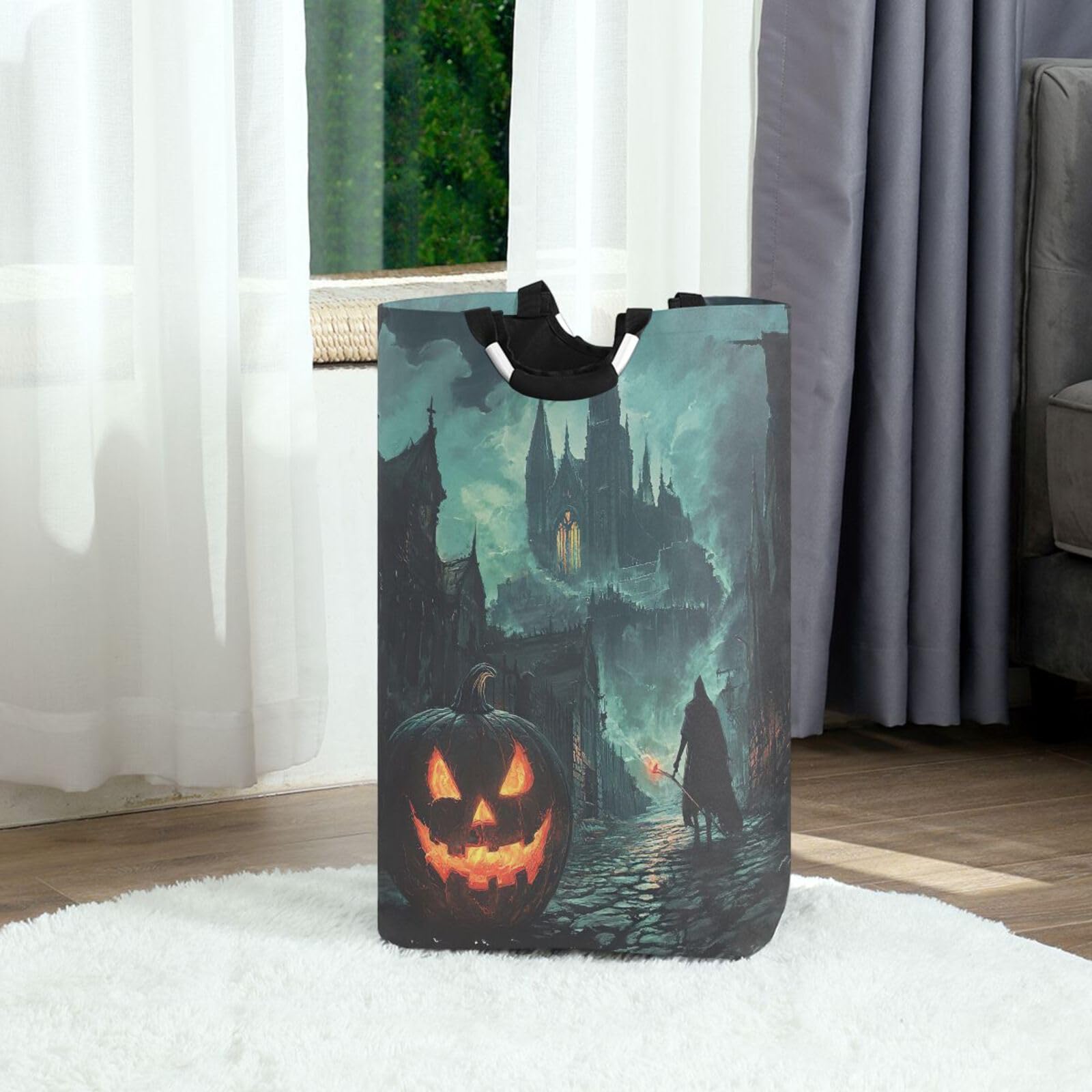 Jihqo Laundry Hamper Basket Halloween Castle Collapsible Nursery Storage Bin Waterproof Clothing Baskets for Home Bedroom Bathroom Washing Room