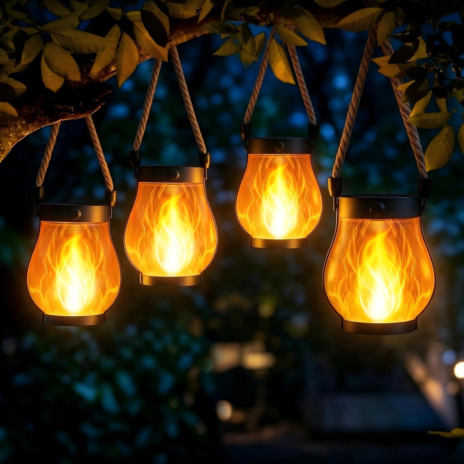 Solarlampen für Außen Hängend 4 Stück Solar Laterne mit Flammeneffekt, Solar Flammenlaterne für Außen, IP65 Wasserdicht Solarleuchten Gartendeko mit Hanfseil für Draußen Balkon Terrasse Halloween