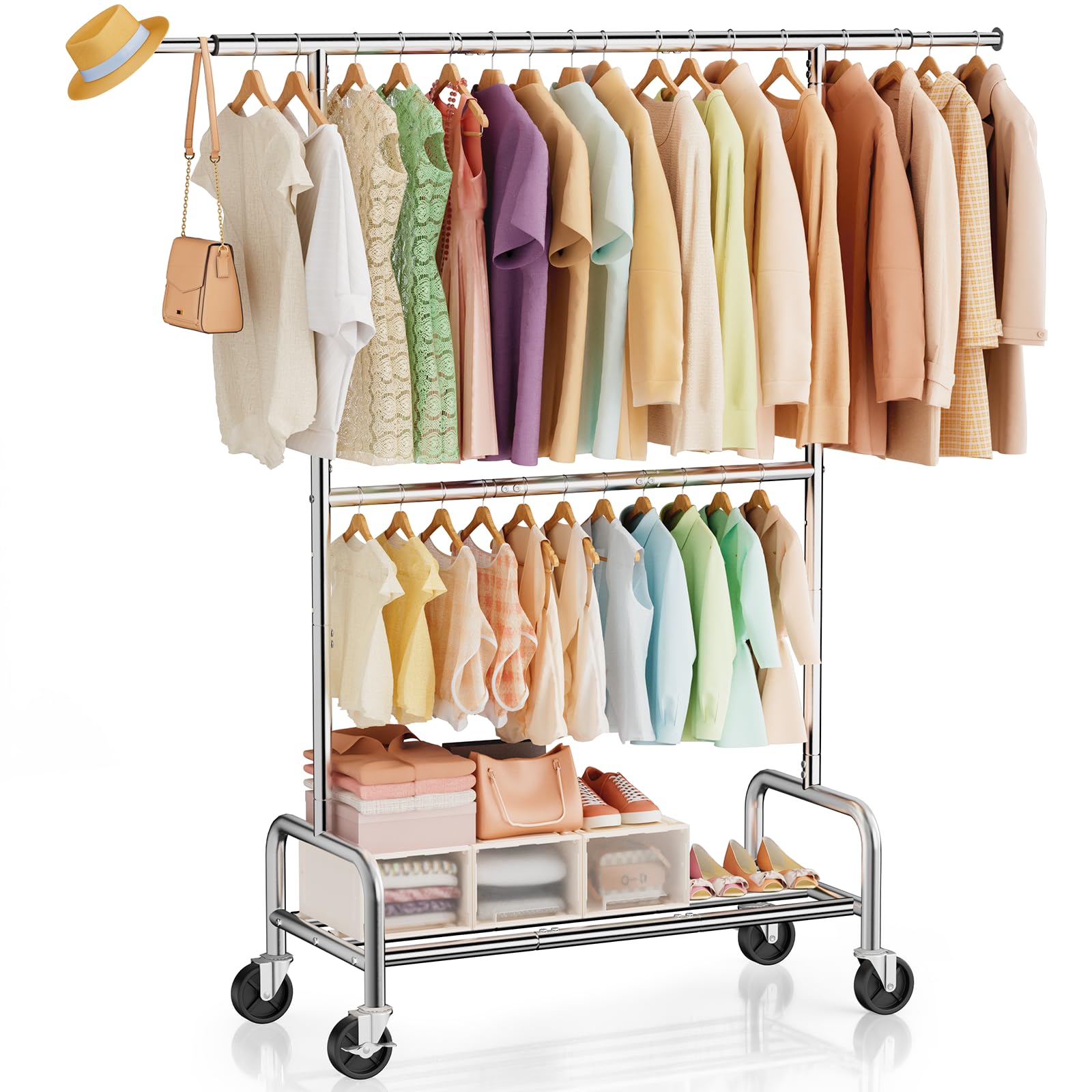 Heavy Duty Clothes Rack Load 660 LBS Rolling Garment Rack with Lockable Wheels Double Rod Extendable Clothing Rack