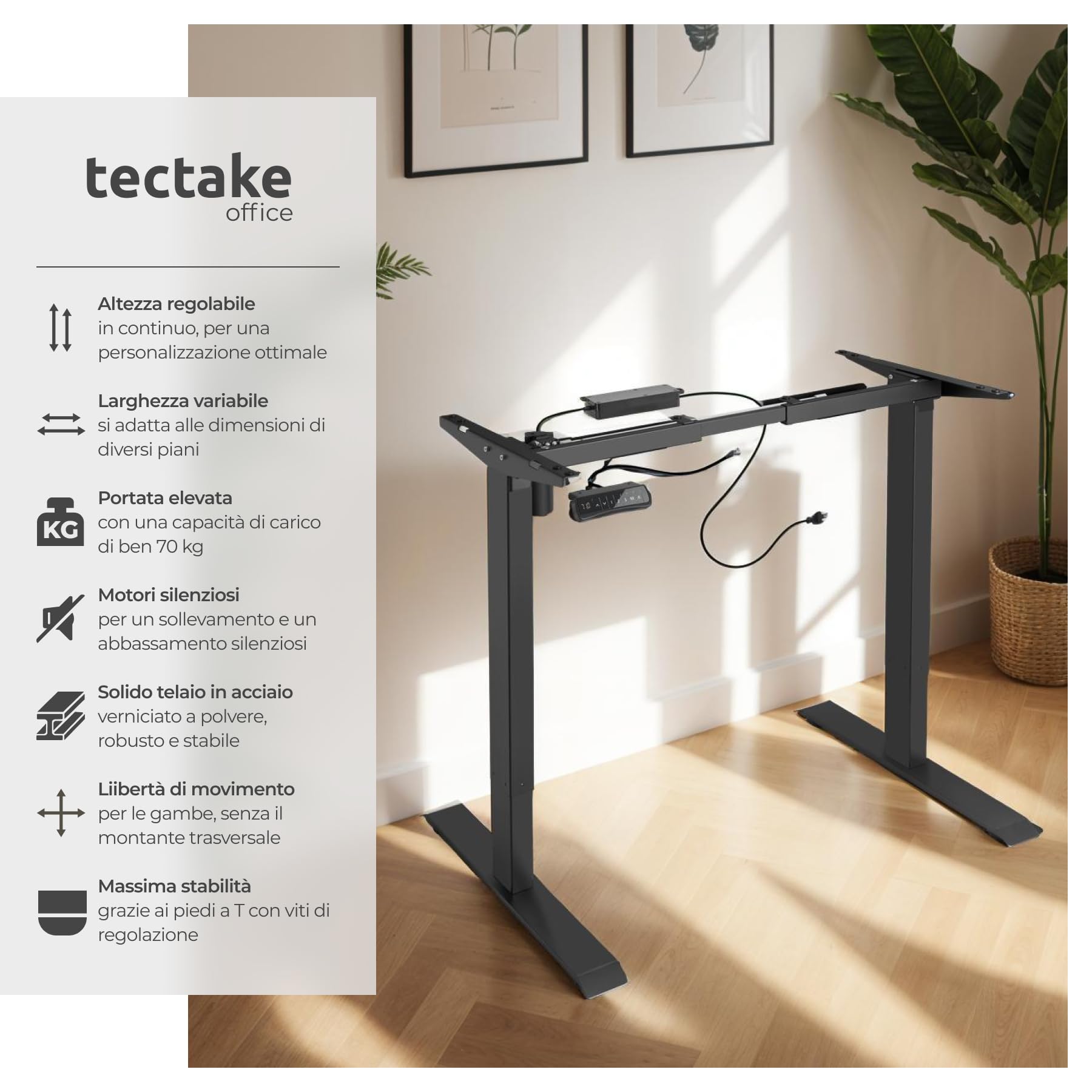 tectake® Telaio per Scrivania Regolabile in Altezza, 85-129 x 65 x 71-121 cm, portata max 70 kg, motore elettrico potente 40W, funzione memoria, in acciaio, Tavolo Ufficio, Scrivania Gaming - Nero
