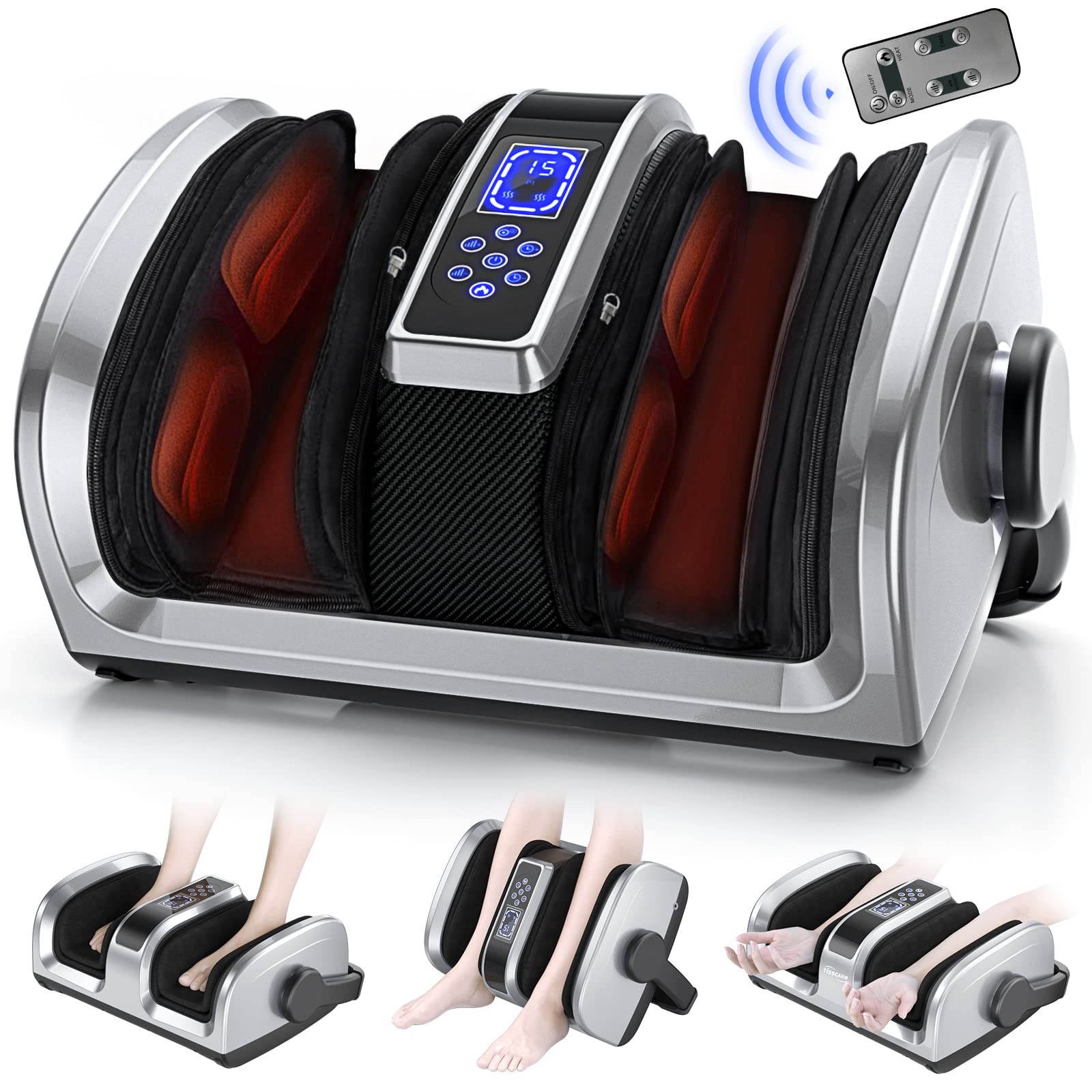 TISSCARE Shiatsu Foot Massager Machine w/ 8 Air Bags, Remote Heat for Plantar Fasciitis & Neuropathy, Deep Kneading Calf Massage, Leg Massager, Promote Blood Circulation & Pain Relief
