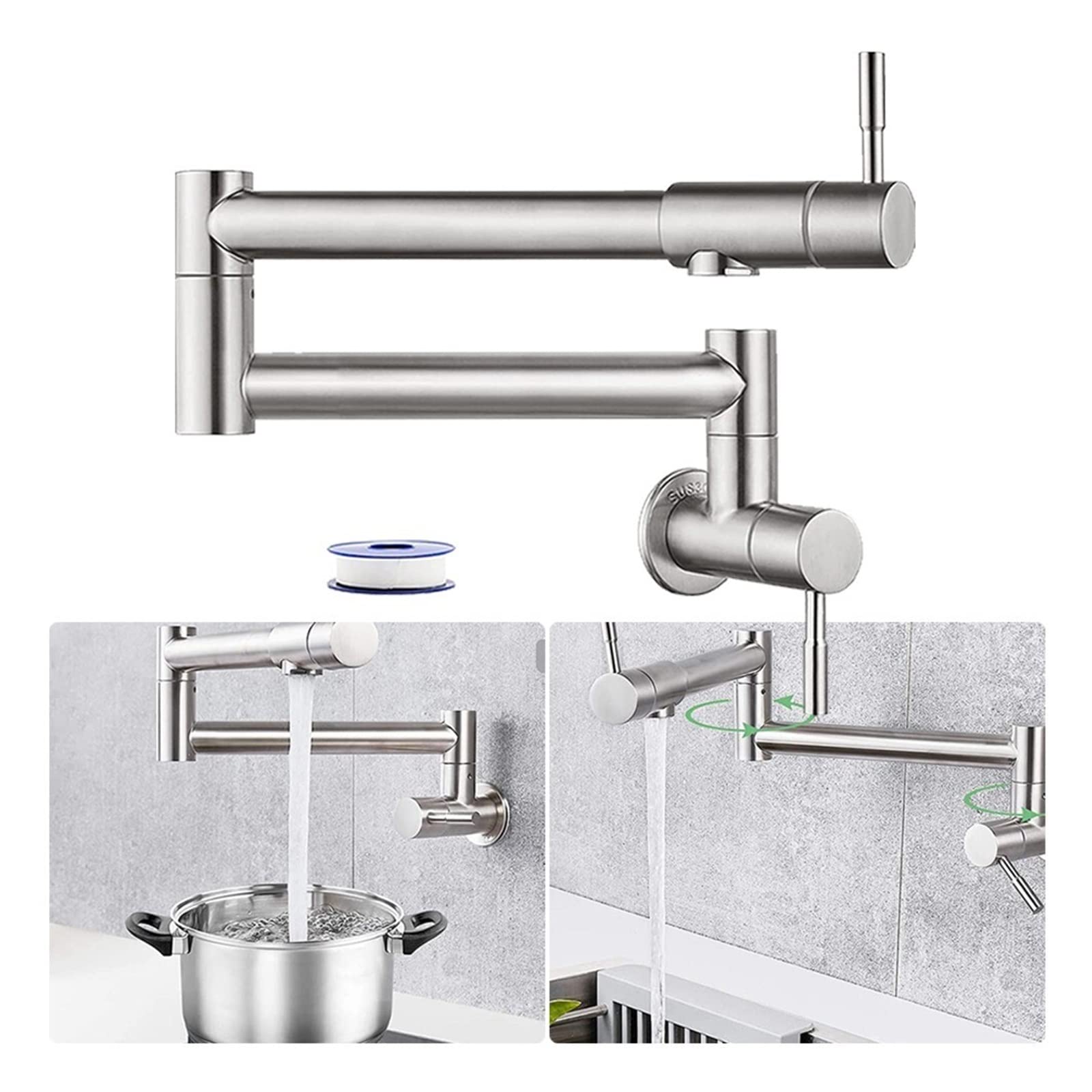 Faltbares Messing Wandmontierte Küchenarmatur -Topf Wasserhahn Schwenkfalt mit Dual -Ausgussdeck,Hocheffiziente Filtration