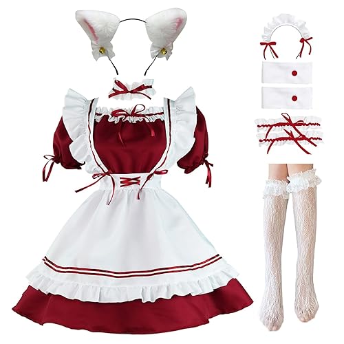 LISANEK Maid Outfit Anime Cosplay Lolita Maid Dress French Maid Costume Plush cat ear Socks set - Medium - Red