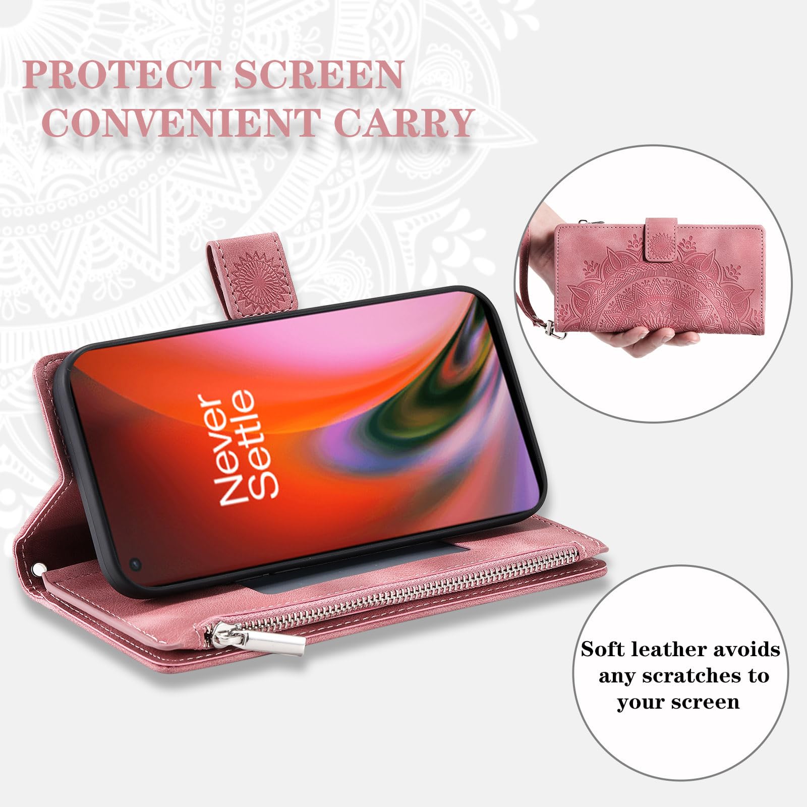 Asuwish Phone Case for OnePlus Nord 2 5G Wallet Cover With Tempered Glass Screen Protector and Wrist Strap Mandala Flower Flip Zipper Card Holder Cell One Plus On 1 Plus 1plus One+ 1+ Nord2 Rose Gold - Image 4