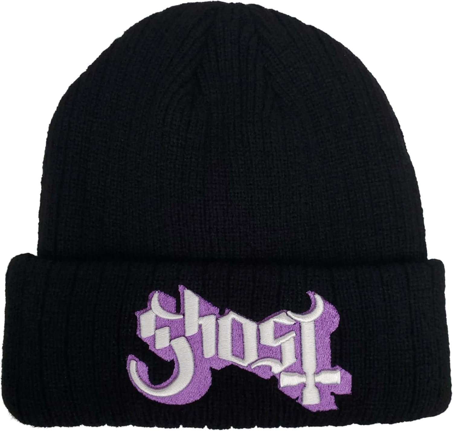 Ghost Graphic Beanie for Men & Women Purple Logo - Black Warm Cuffed Winter Hat - Rock Band Apparel