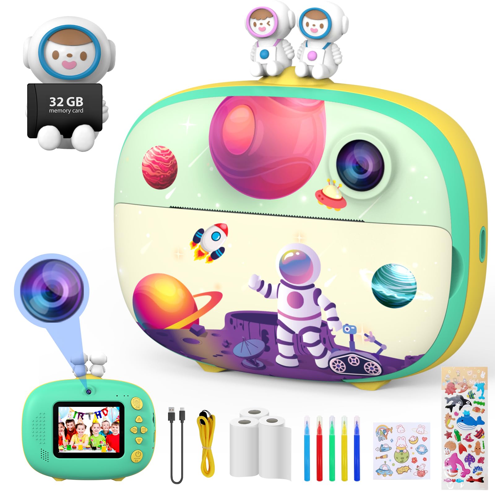 CHAKEYAKE Macchina Fotografica Bambini Istantanea,2,4 Pollici Digitale Fotocamera Bambini con 32GB TF Scheda e Carta Fotografica per Stampa, Regalo per Bambini dai 3-12 Anni (Verde)