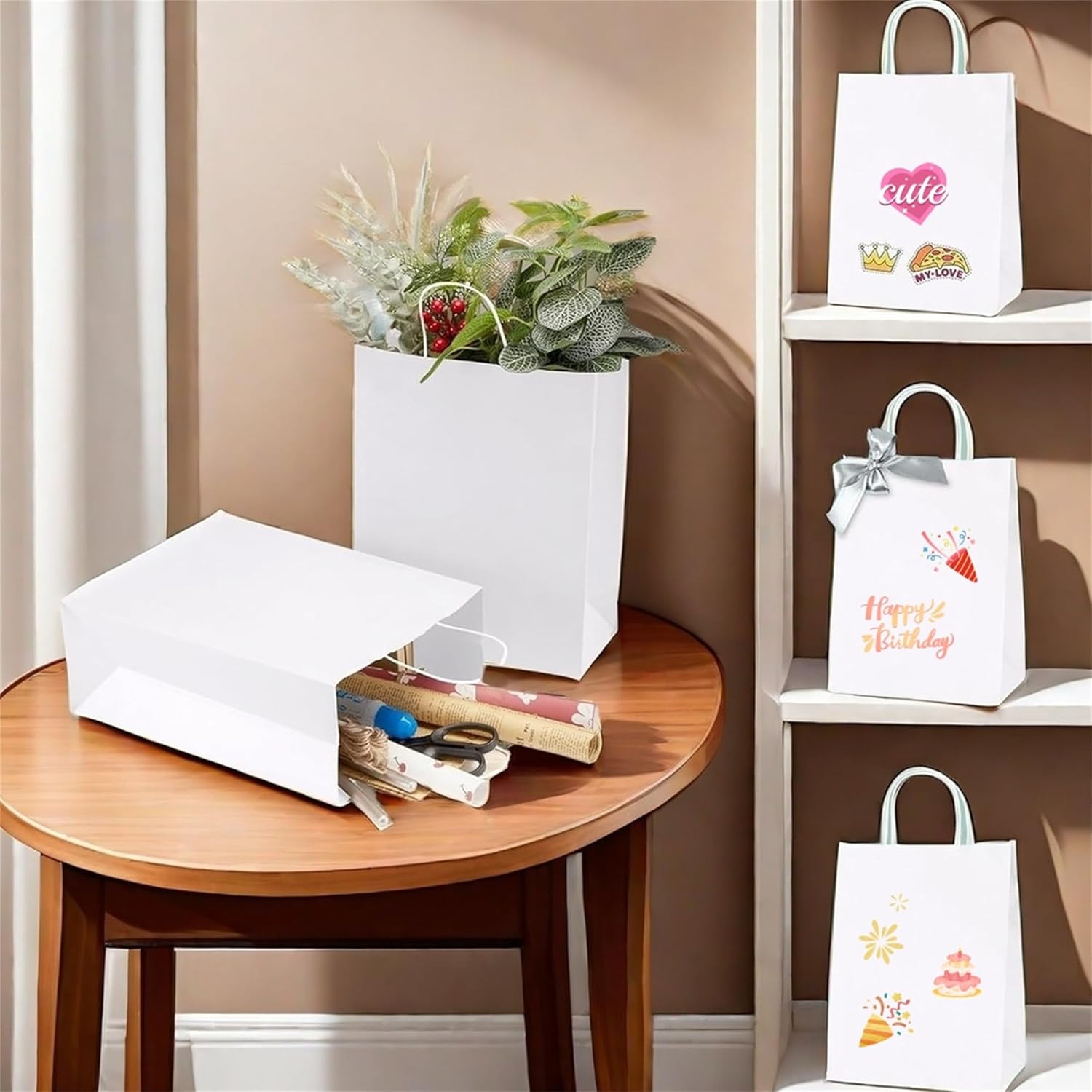 STOBOCTER 200 Pcs Paper Gift Bags - Small Kraft Paper Bags With Handles - Bulk for Small Business, Wedding, Birthday Party Favors - White