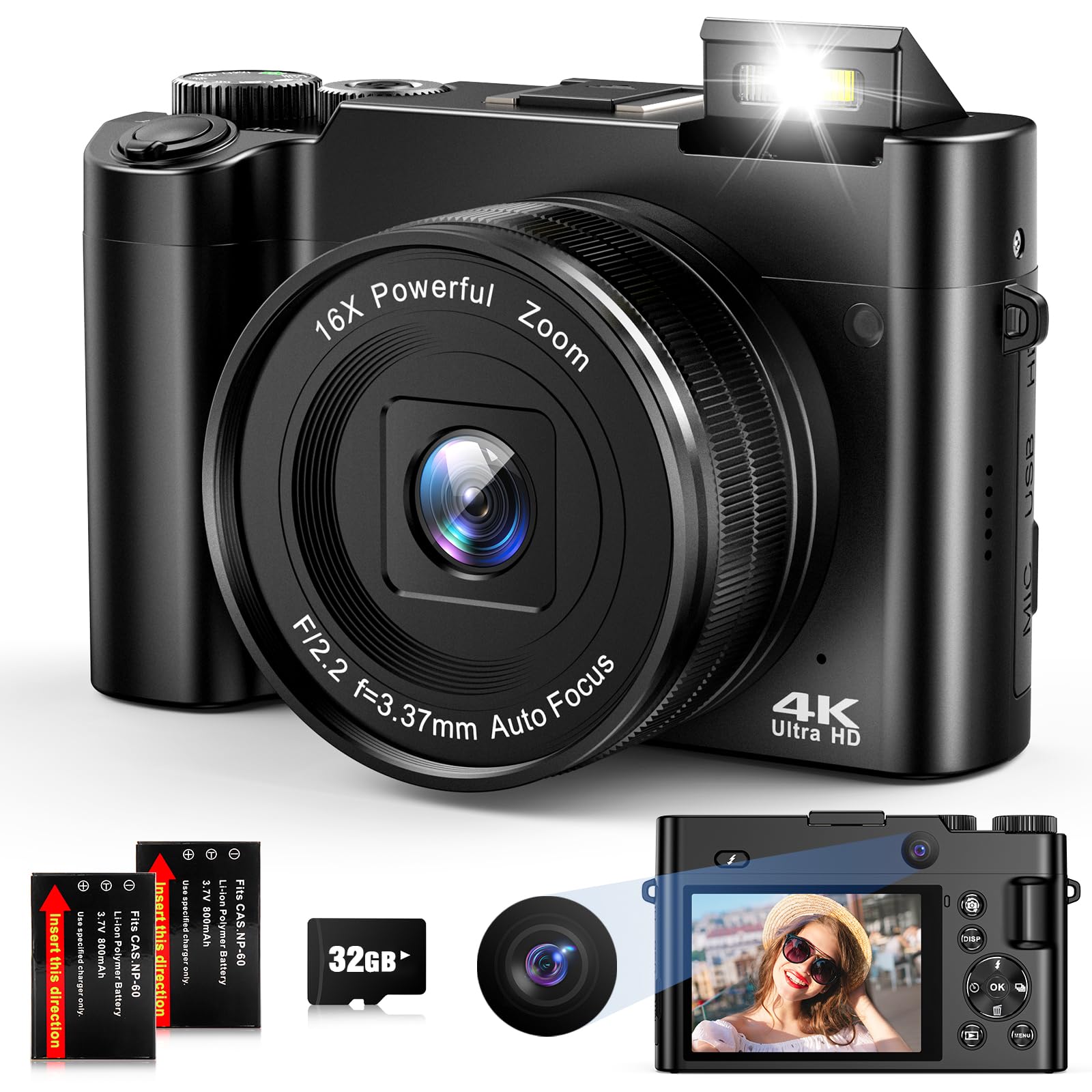 Appareil Photo Numérique 4K 64MP WiFi - écran Rotatif 180°, Zoom 16X, Anti-tremblement, Parfait Pour Vlog Et Voyage