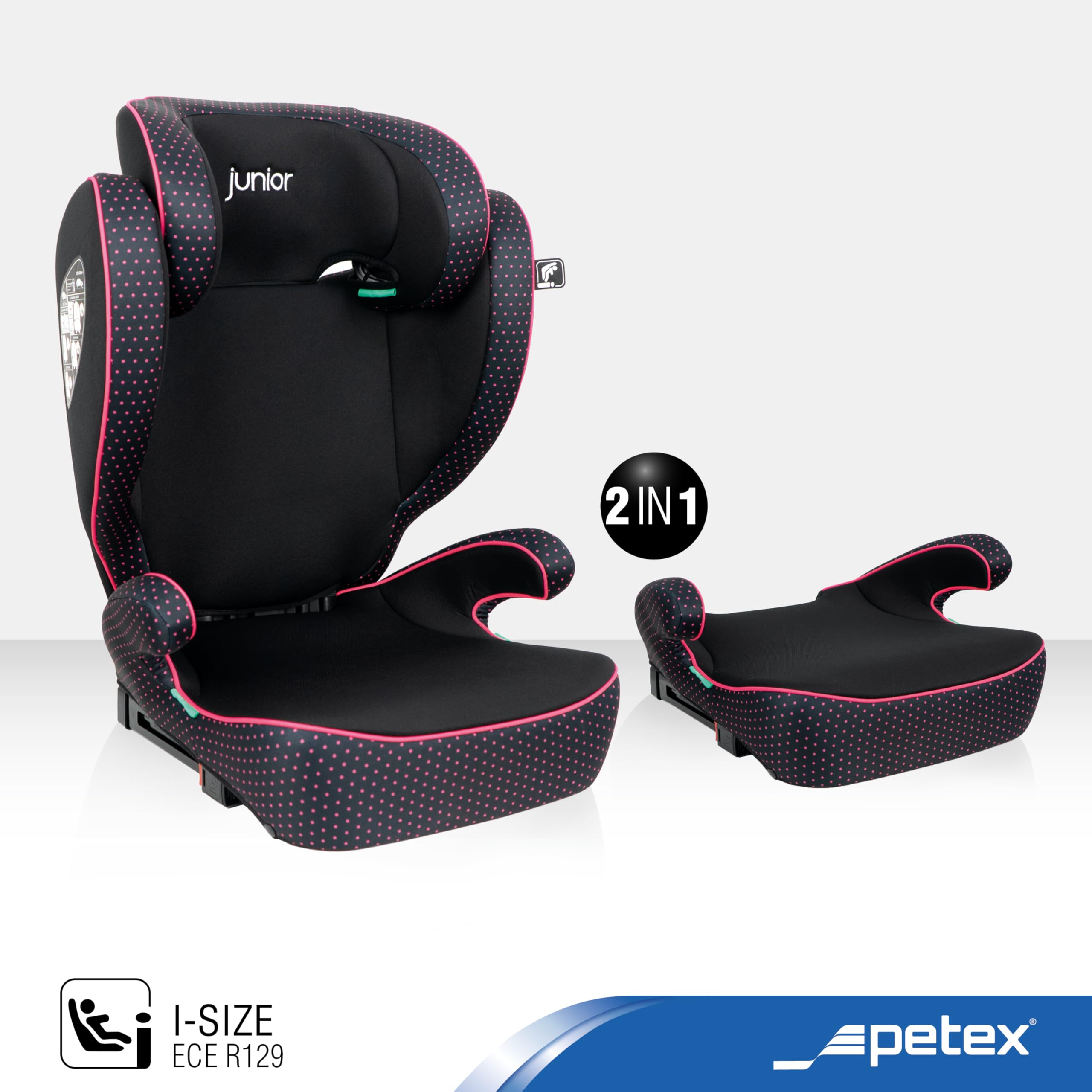 PETEX Fotelik samochodowy dla dzieci z ISOFIX – Basic Plus i-Size zgodny z normą ECE R129 dla dzieci w wieku od ok. 100 – 150 cm, regulowana wysokość fotelika samochodowego w kolorze różowym, 1 sztuka