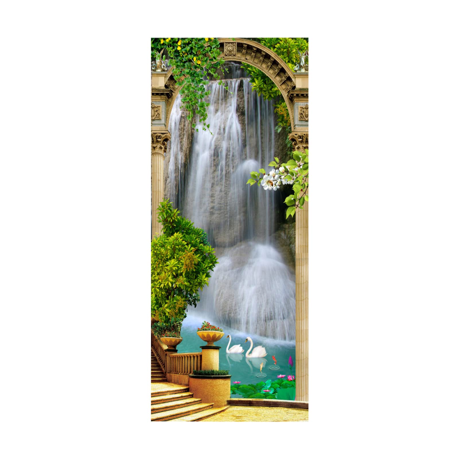 3D Door Sticker Forest Waterfalls W85 x H205 cm Waterproof Mural Vinyl Wall for Interior Doors Livingroom Bedroom Bathroom Office Home Decor