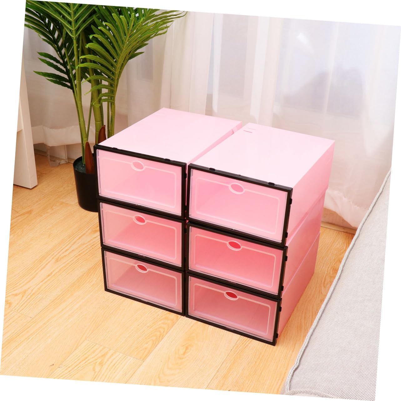 Cabilock 6pcs Thickened Transparent Shoe Storage Box with Stackable Design Plastic Organizer for Sneakers with Black Frame for Closet and Entryway