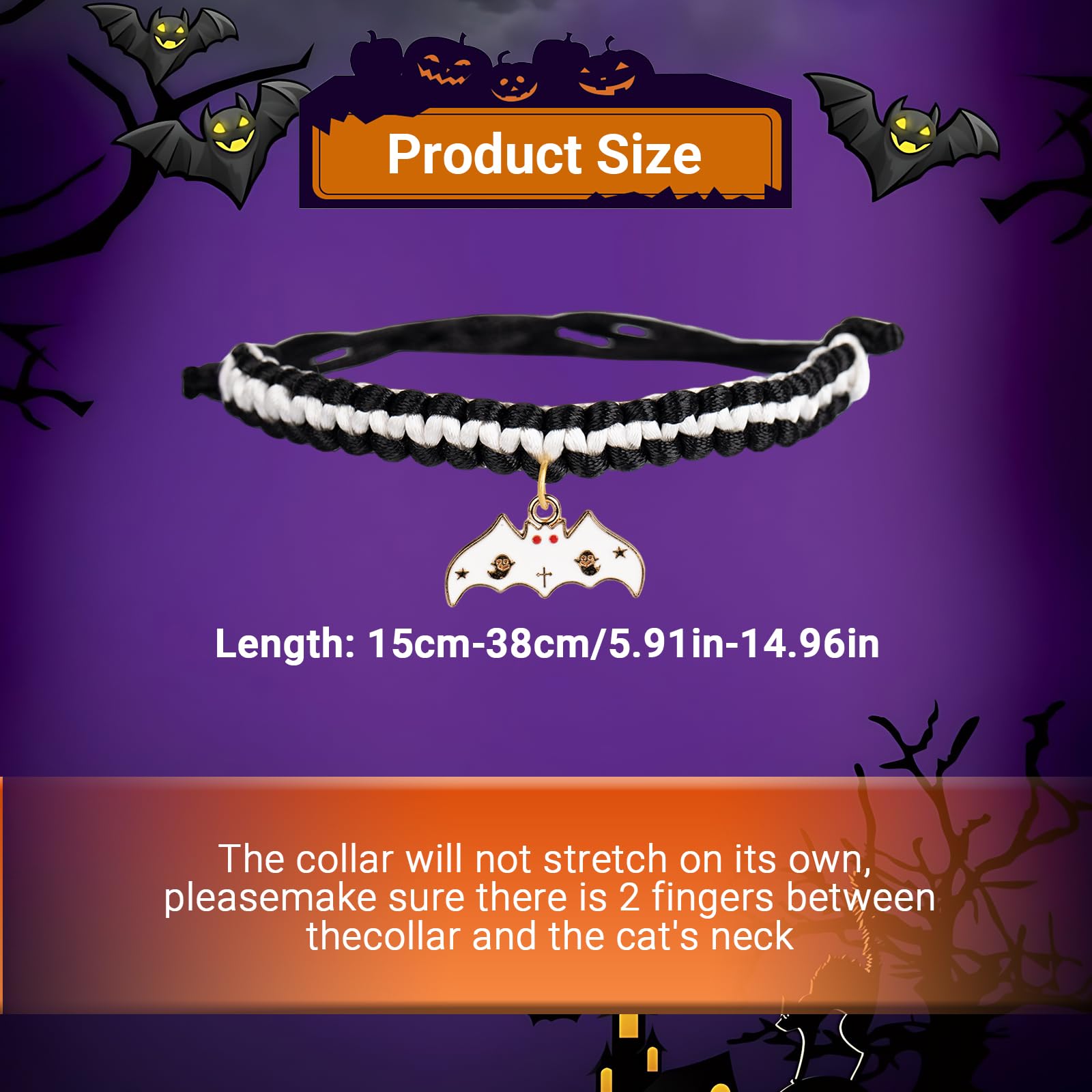 3pcs Halloween Cat Collar Adjustable 15-38cm, Woven Kitten Collars with Bell & Halloween Charms (Bat, Pumpkin, Ghost) - Image 4