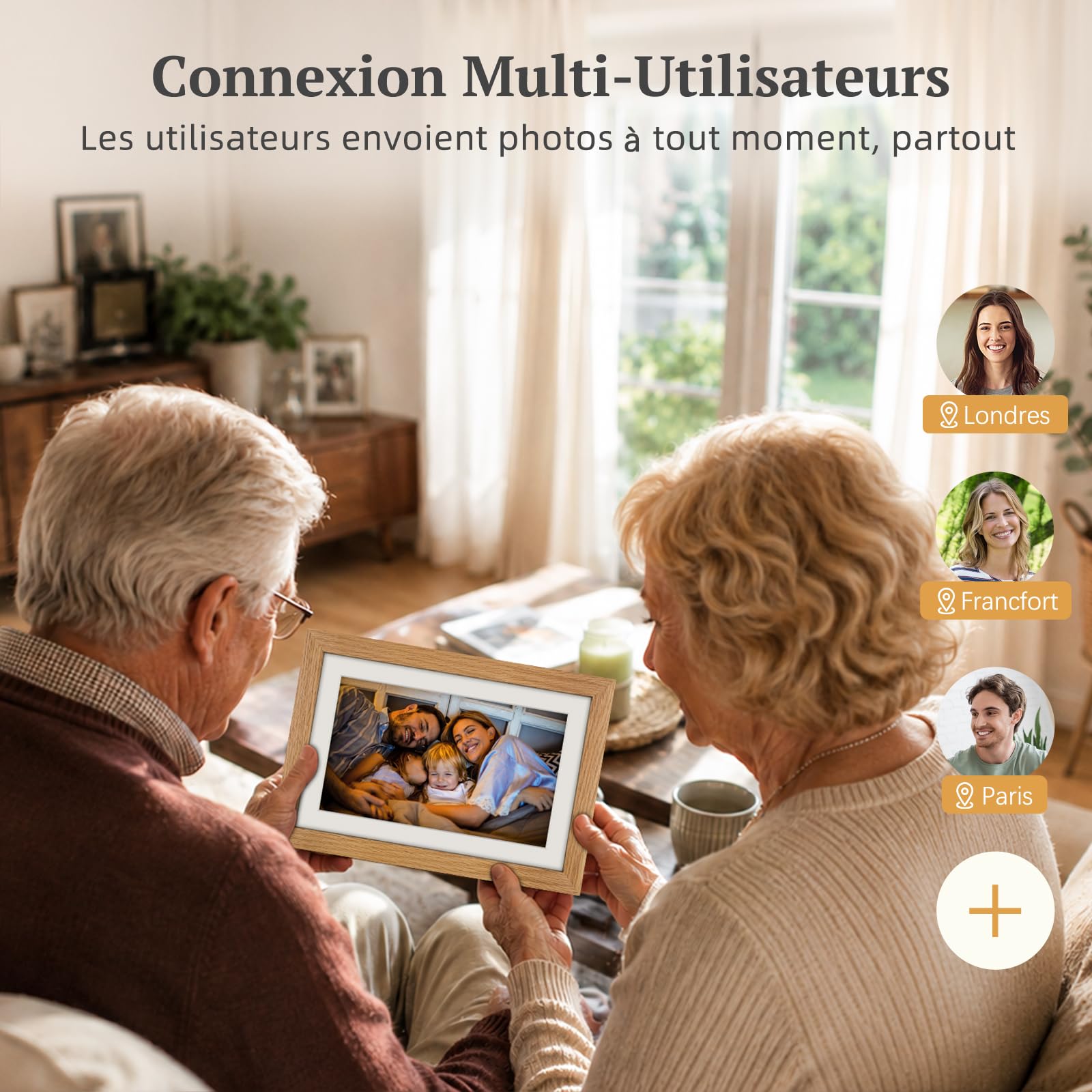 Cadre Photo Numérique Bois WiFi 10.1 Pouces, Mémoire 32 Go, écran Tactile IPS 1280 * 800 HD, Auto-Rotation, Montage Mural, Partage de Photos Vidéos Via Frameo APP, Cadeau Femme Homme, Bois de Chêne