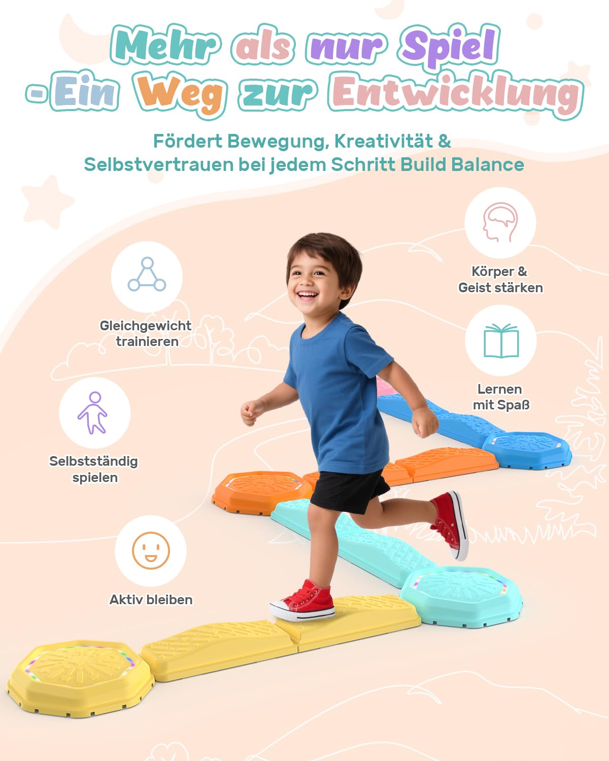 Holyton Balanciersteine für Kinder, LED Sprungsteine mit Musik & Licht, Reaktionsspiel mit 7 Tönen, Motorik & Koordination Training, Indoor Spielzeug mit 13 Teilen