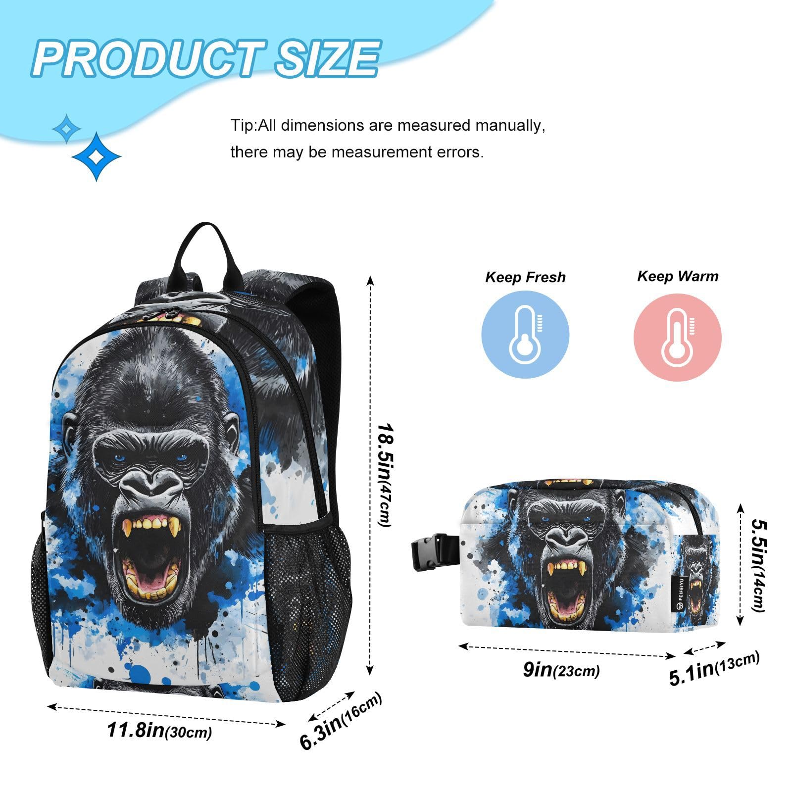 ALAZA King Kong - Set zaino e borsa per il pranzo con viso blu, per ragazze e ragazzi, borsa per la scuola, librerie, zaino elementare, zaino casual
