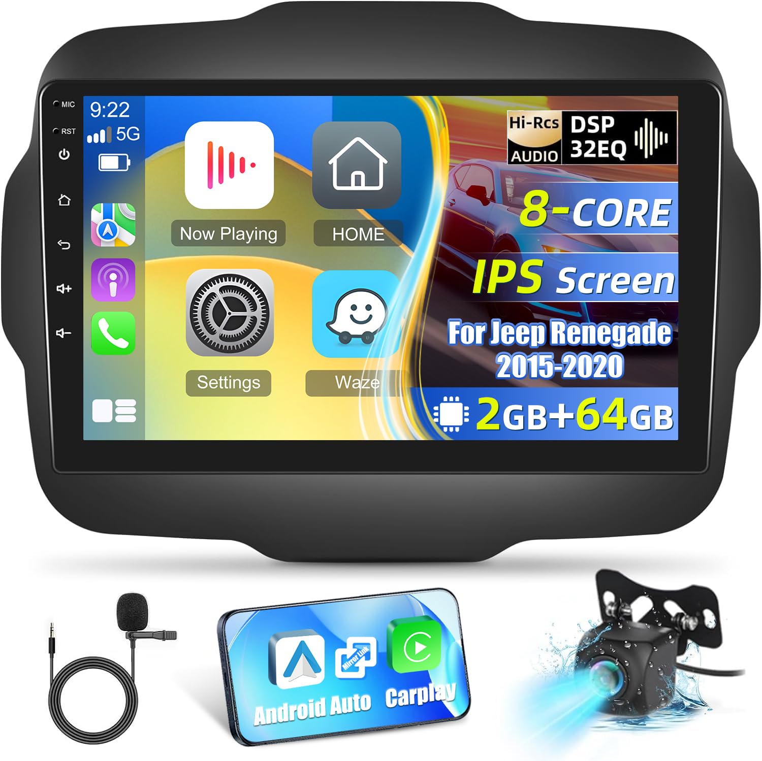 8-Core Android 13 Stereo for Jeep Renegade 2015 2016 2017 2018 2019 2020 with DSP+32EQ - 2+64G 9 inch IPS 1280 * 720 Touchscreen Upgrade Radio - Wireless Carplay/Android Auto/WiFi + AHD Backup Camera