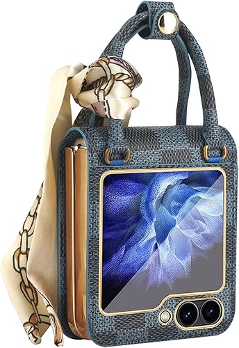 Funda de cuero prémium para Galaxy Z Flip 6 con agarre de mano y bufanda de seda con correa de muñeca para mujer, funda Z Flip6 con protector de