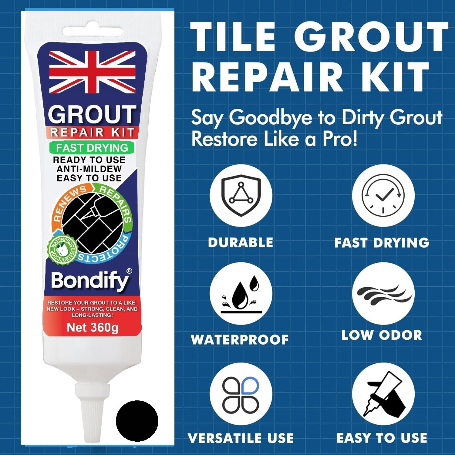 BONDIFY Waterproof Black Grout Ready Mixed, Grout Repair Kit, 380g x 2PCs, FAST DRYING - Image 3