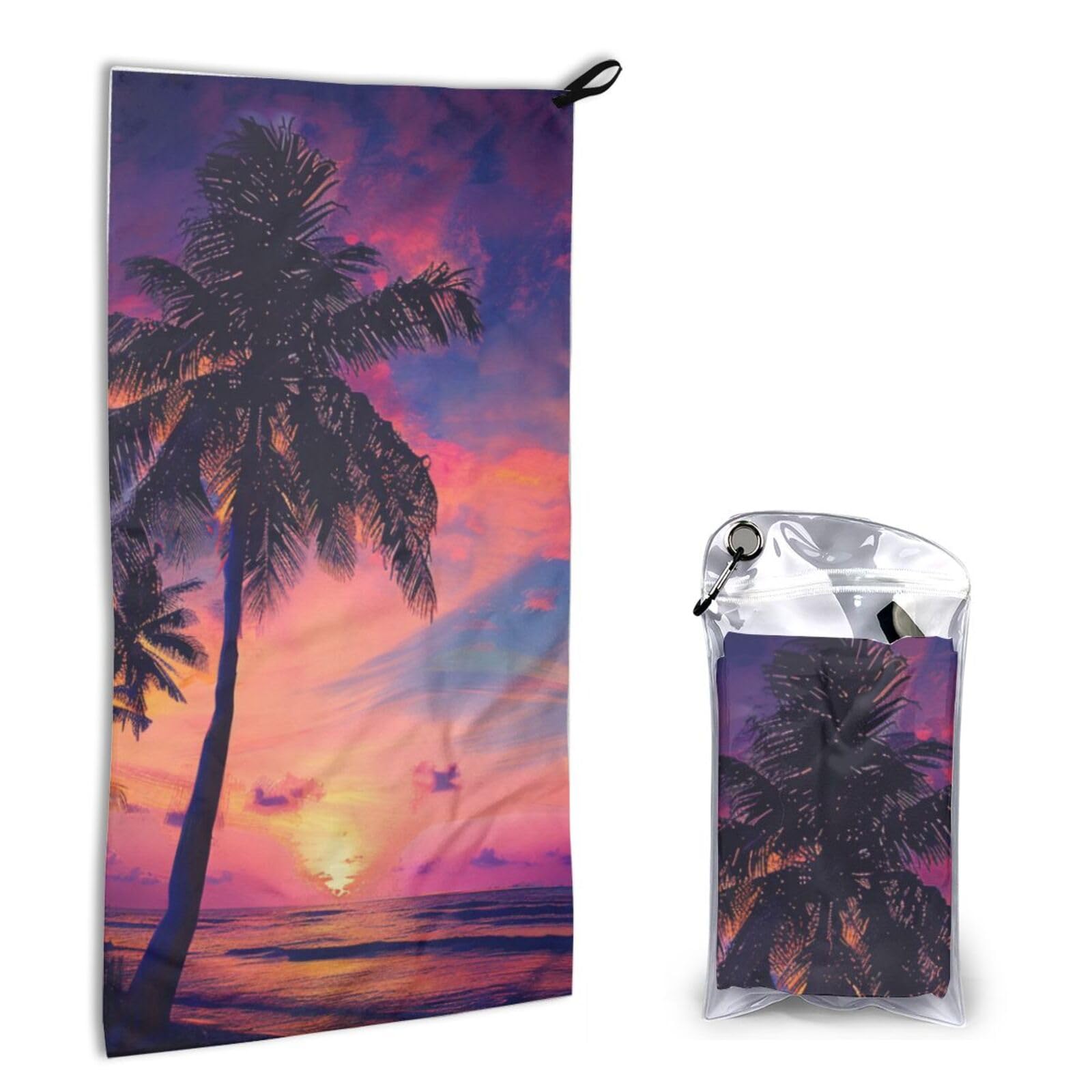 BWWHCCTI Quick Dry Hand Towel With Bag - Palm Tree Sunset Printed Super Absorbent Face Cloth Microfiber Travel Sports Towels 40x80cm