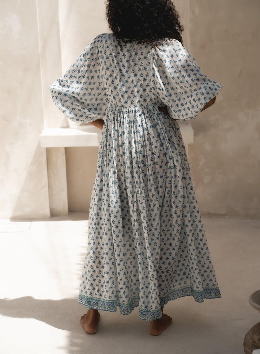 Women Boho Maxi Dress Floral Puff Sleeve V Neck Loose Flowy Long Dress Bohemian Beach Sundress - Image 6