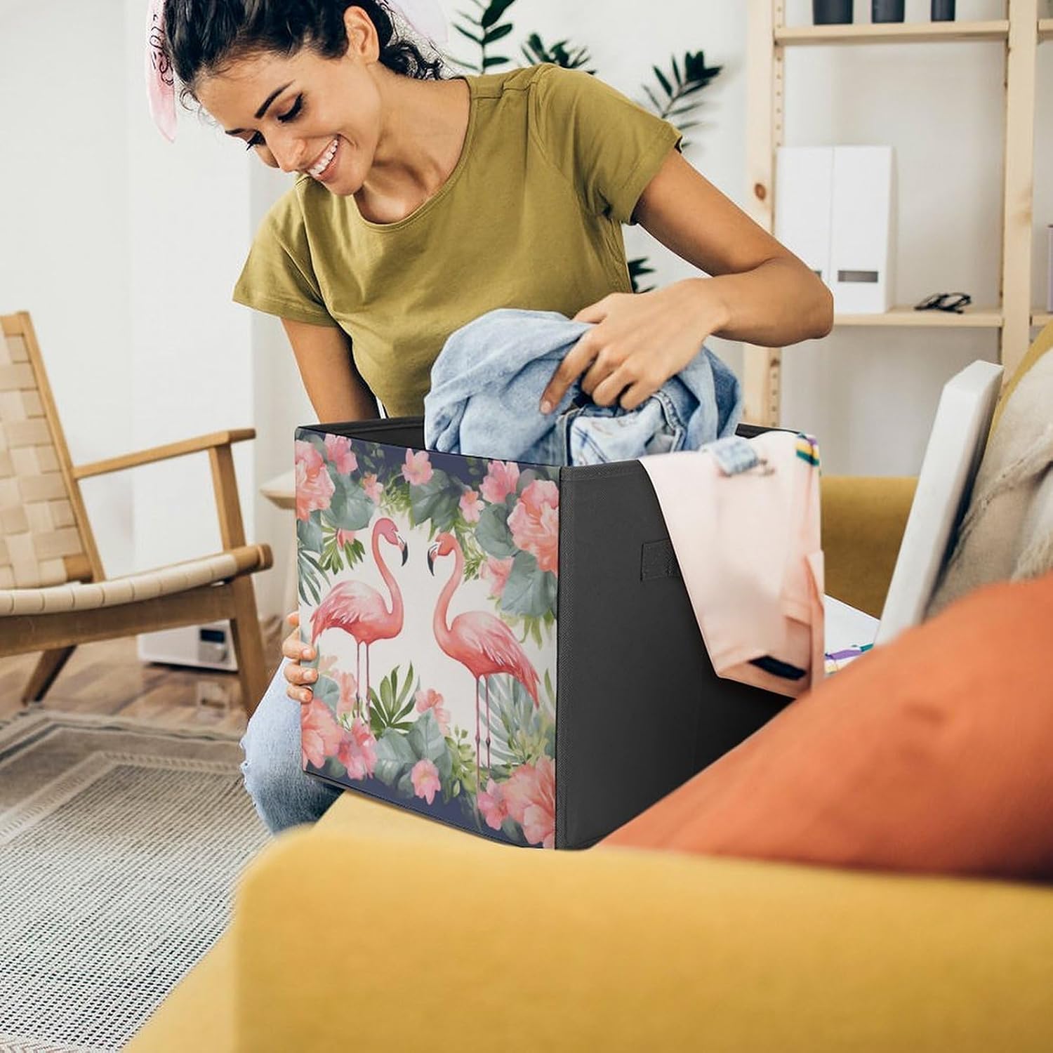 Folding Storage Bins Oxford Fabric Clothes Storage Boxes with Handles | Flamingos And Flowers Cube Organizer, Easy to Store, Multi Functional Cube Storage Organizer for Office Bedroom