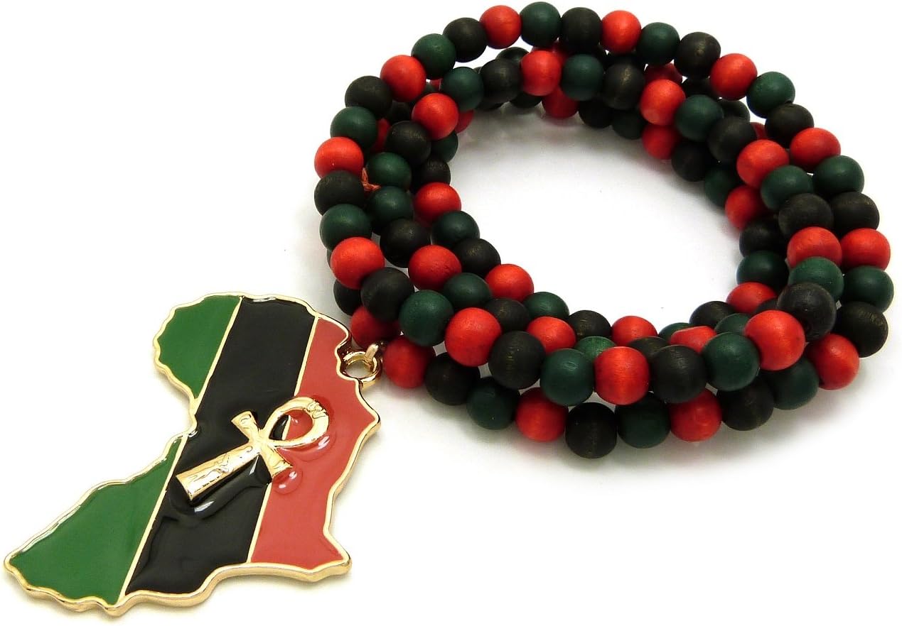 Fashion 21 Ankh Pan African Colored Africa Map Pendant 8mm 36" Wooden Bead Necklace in Gold Tone (Gold/Multi Wooden Bead)