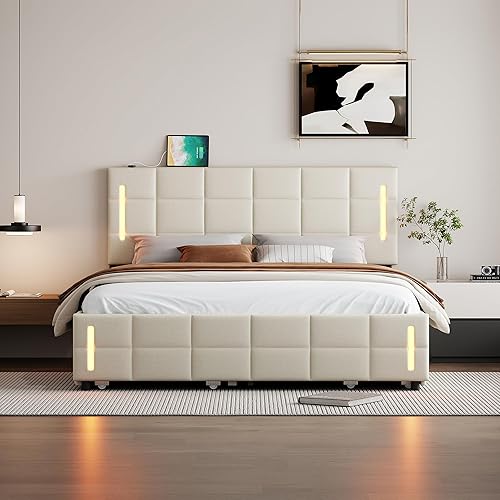 Miniatura 201 de Base de cama flotante tamaño Queen con luces LED y carga USB, marco de cama LED de plataforma tapizada moderna, no necesita somier (blanco-1)