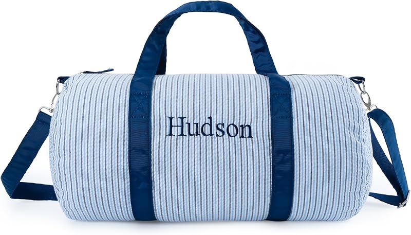 Toddler Duffle Bag Boy Personalized Overnight Bags for Kids - Small Seersucker Toddler Travel Bag - Stripped Sky and Navy Blue - Custom Baby Boy Sleeping Bags Gifts for Sleepovers Weekender