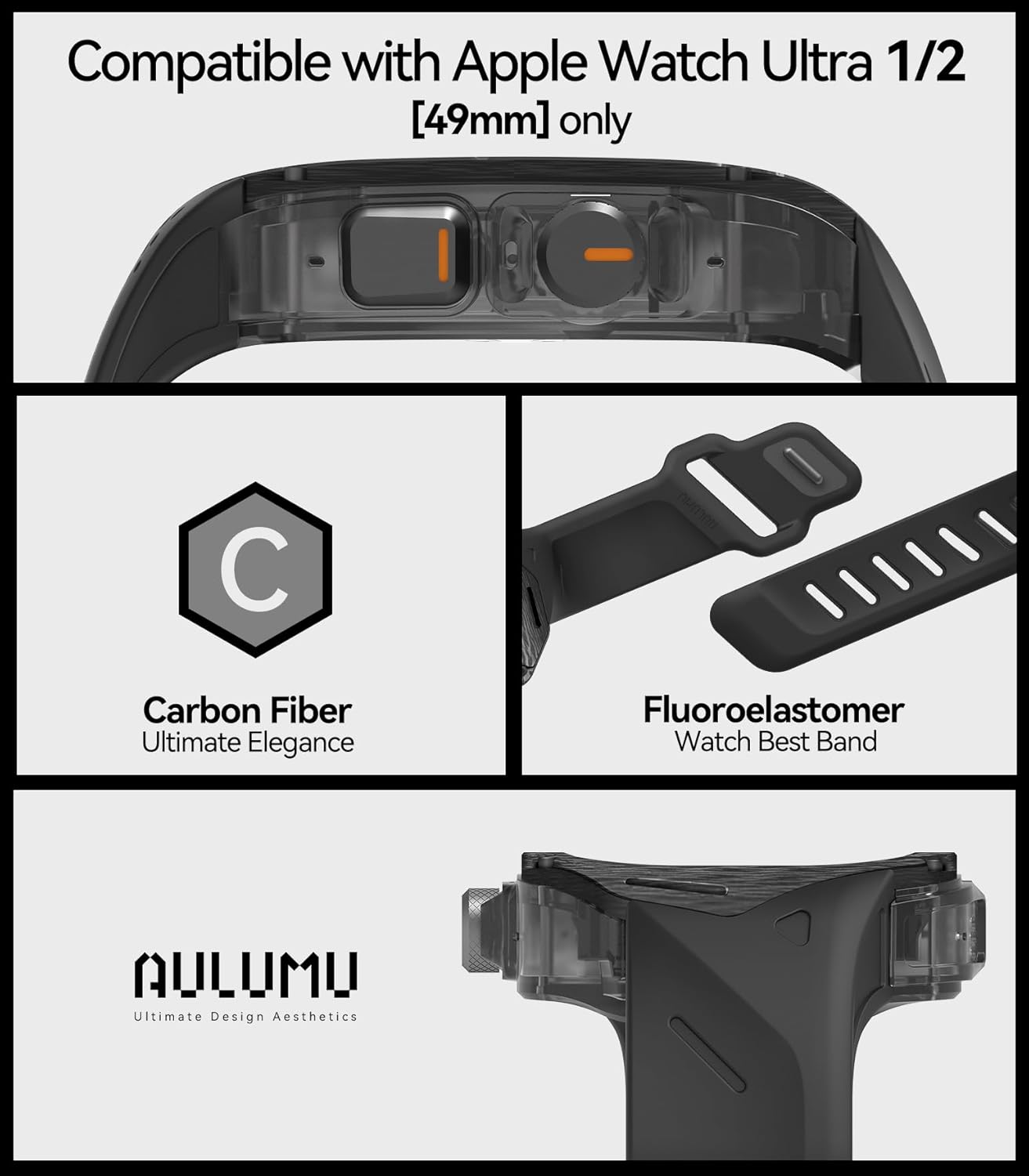 Aulumu A01 Carbon Fibre Case with Apple Watch Ultra Band 49MM | Luxury Lightweight Design | Only for Apple Watch Band Ultra 1/2 49mm | Carbon Fibre Case - Image 2