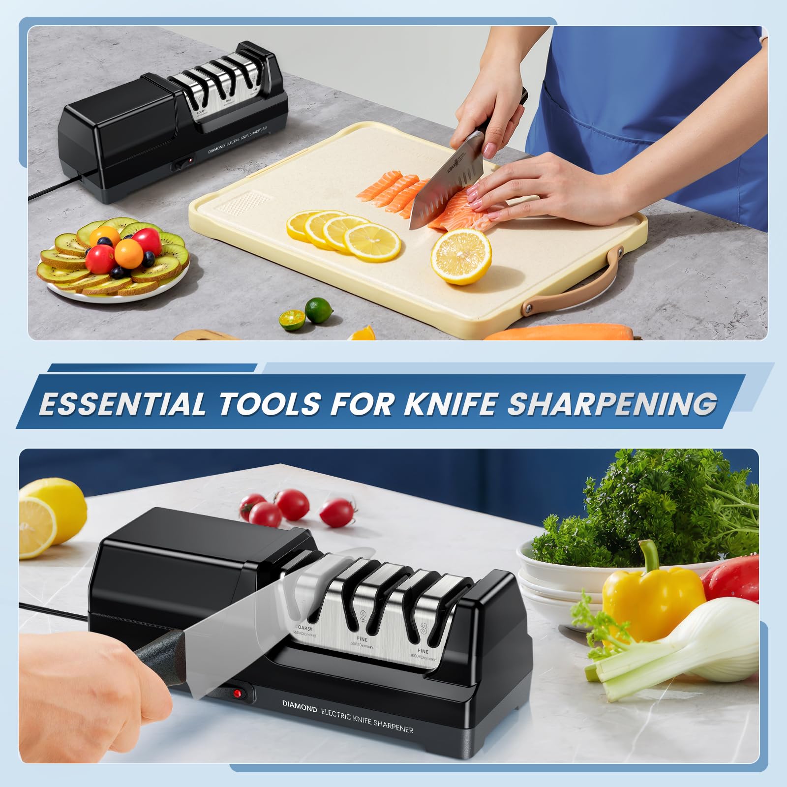 Aiguiseur de Couteaux électrique Professionnel à 3 Niveaux, Disques Diamantés, Protection Contre la Surchauffe, Moteur Silencieux, Affûtage Rapide pour Couteaux de Cuisine