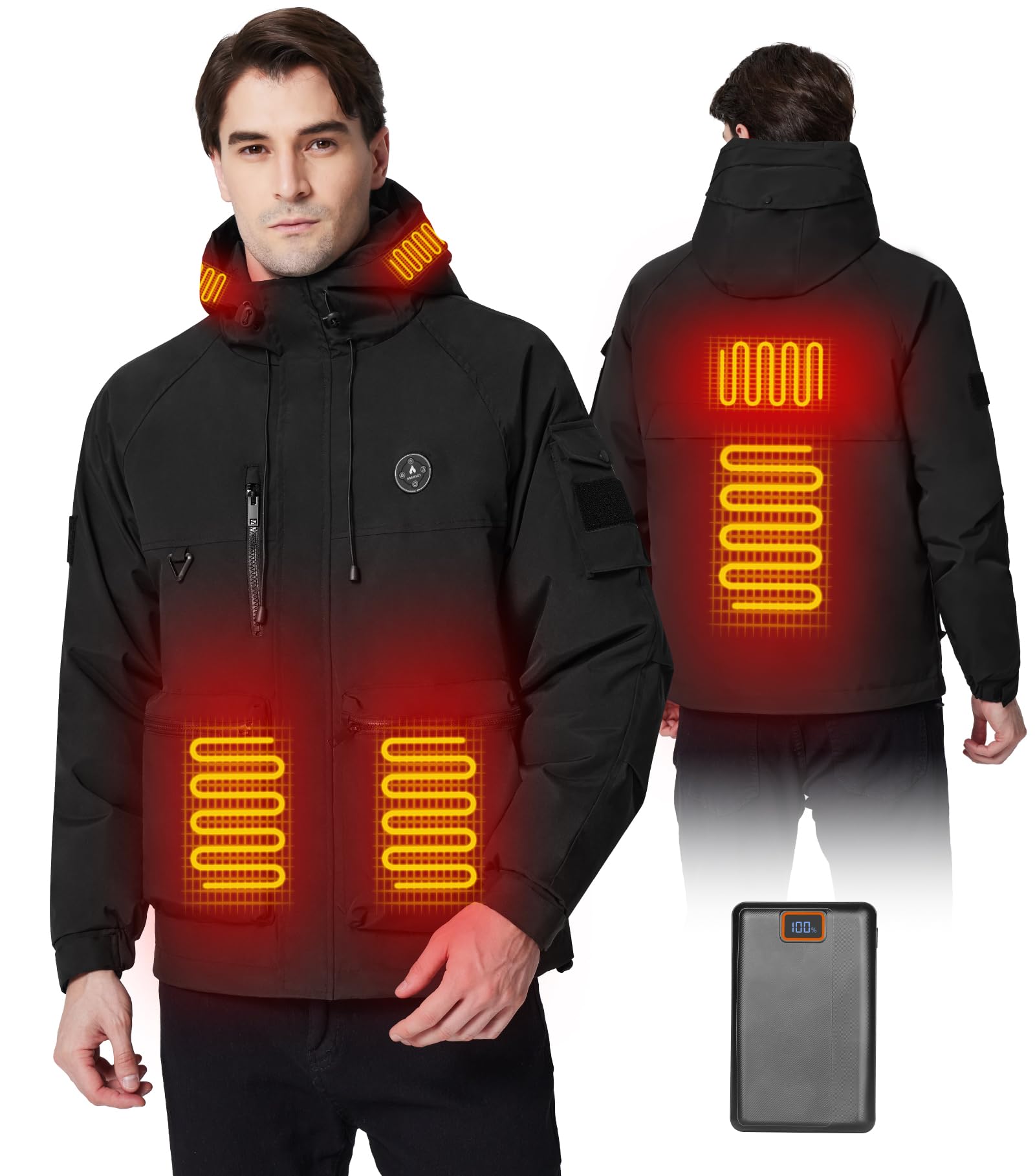 Heated Jacket for Men with 16000mAh Battery Pack 7.4V Heated Coat for Men Waterproof Heated Hoodie Jacket