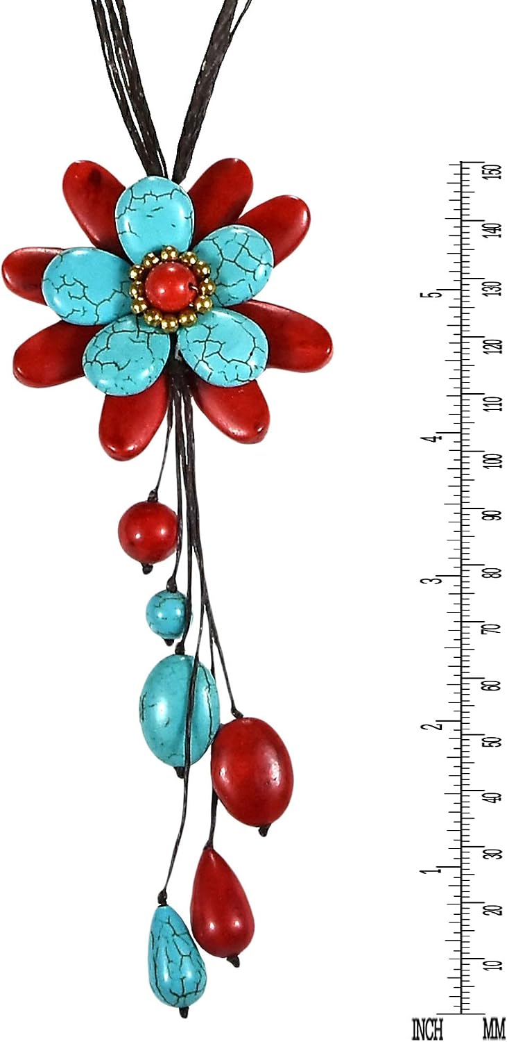 AeraVida Flower Blossom Pendant Simulated Stone Coral Boho Chic Long Charm Necklace