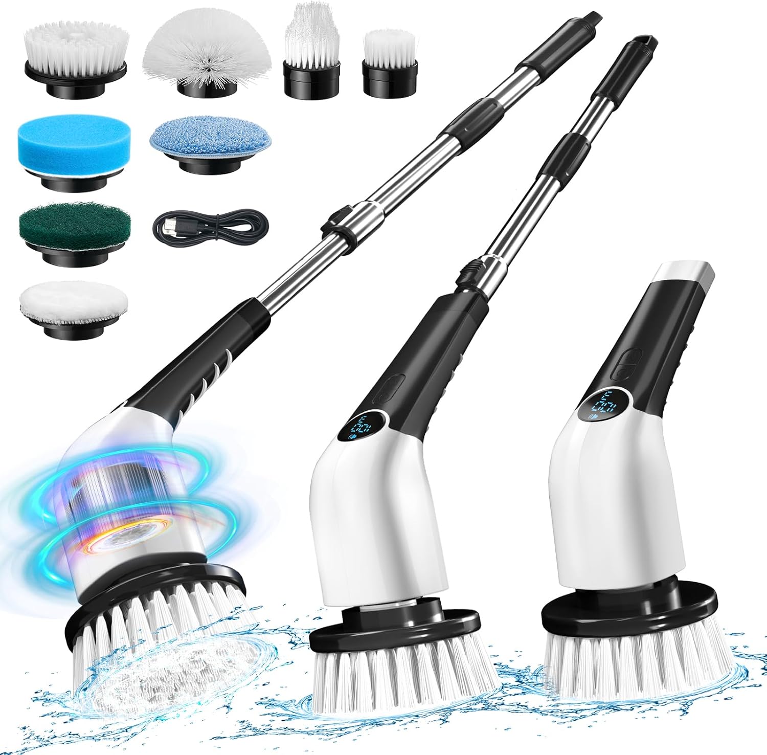 Jorking Electric Spin Scrubber with various brush heads and extension handle