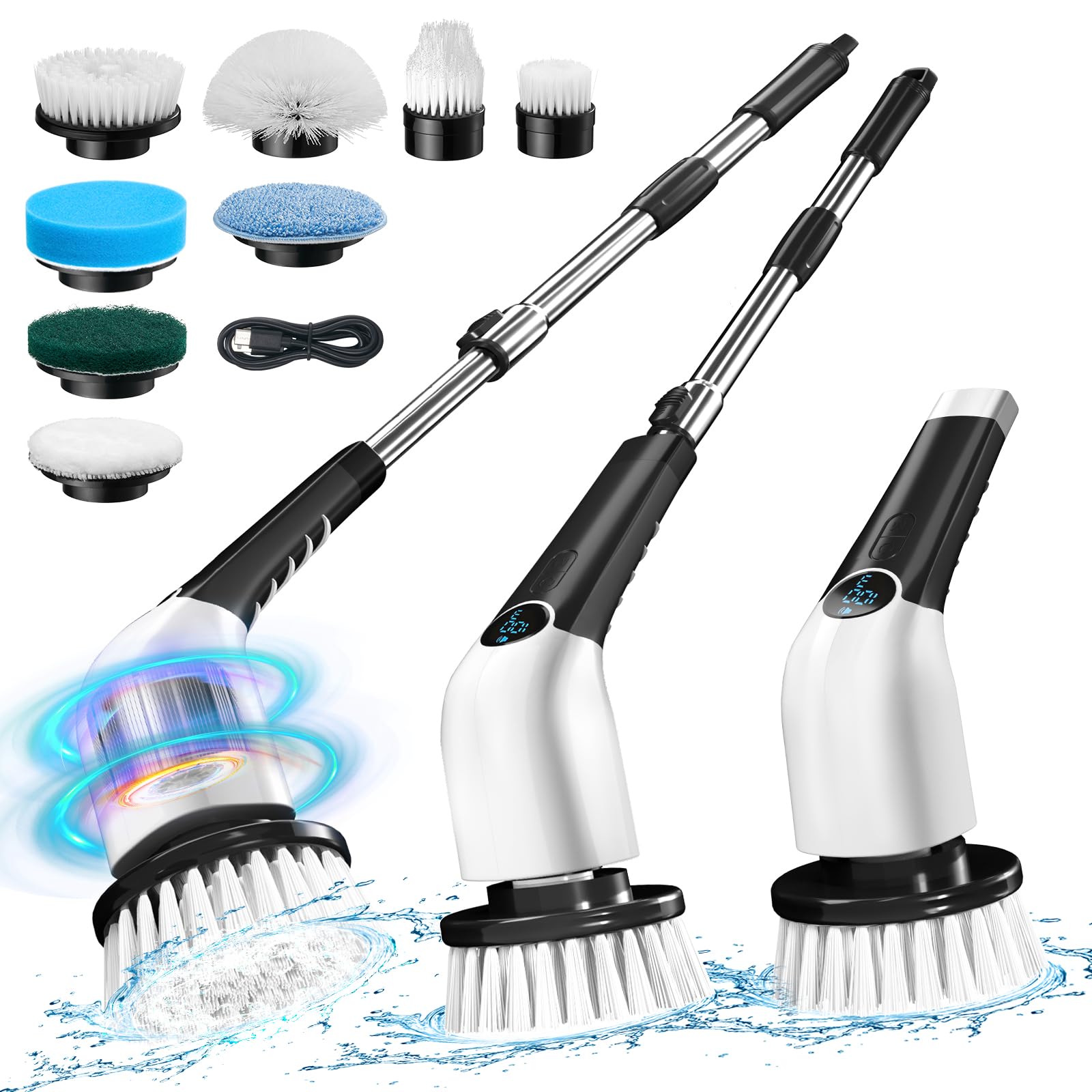 Jorking Electric Spin Scrubber, Cordless Power Scrubber Up to 420RPM Powerful Cleaning, Shower Scrubber for Cleaning Bathtub, Tile and Floor with 8 Types of Replaceable Brush Heads, Voice Broadcast