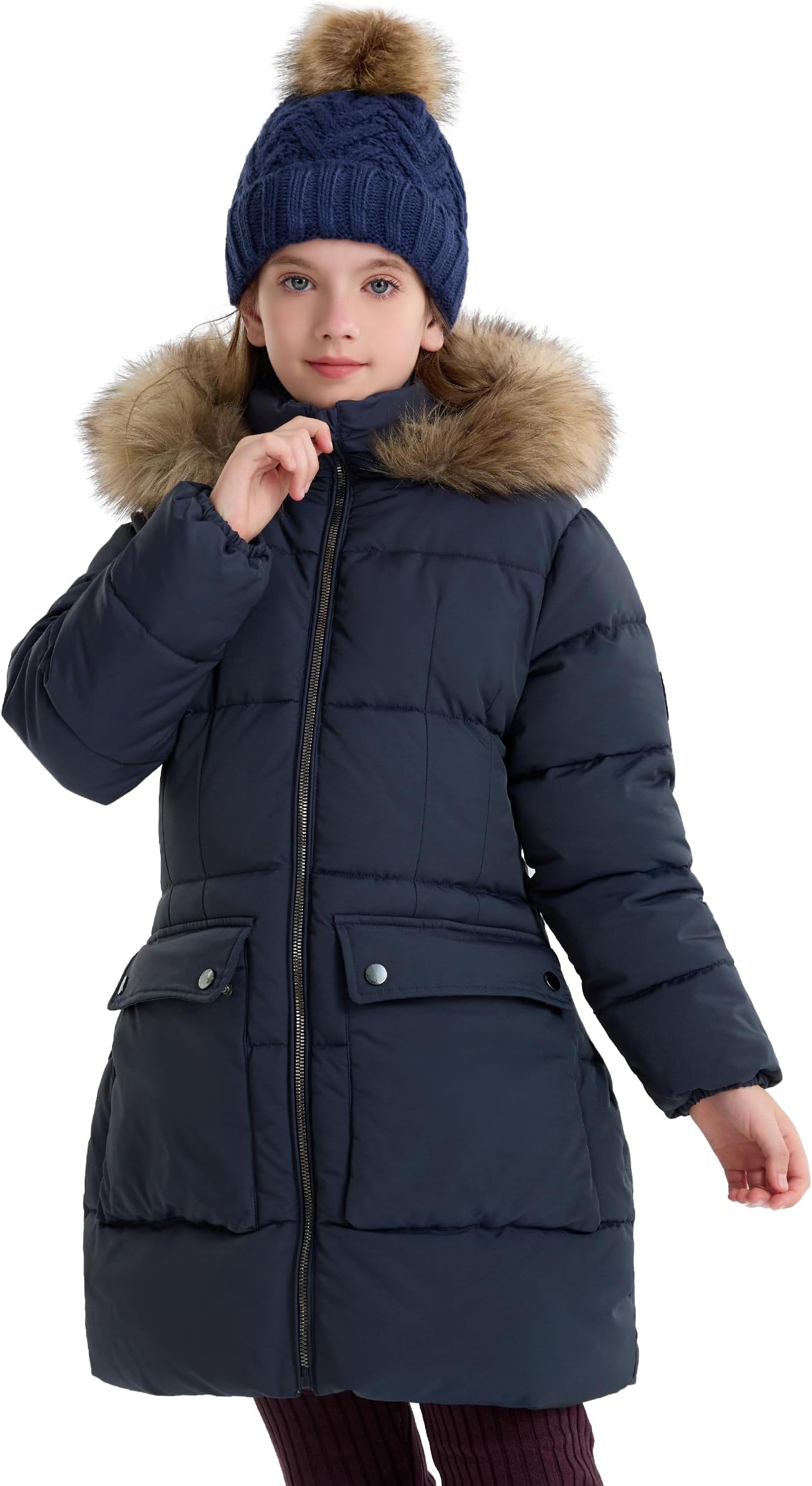 maoo garden Girls Puffer Winter Coat Faux-Down Heavyweight Snow Parka Fuzzy Fur Lining Hood Water-Resistant Long Jacket