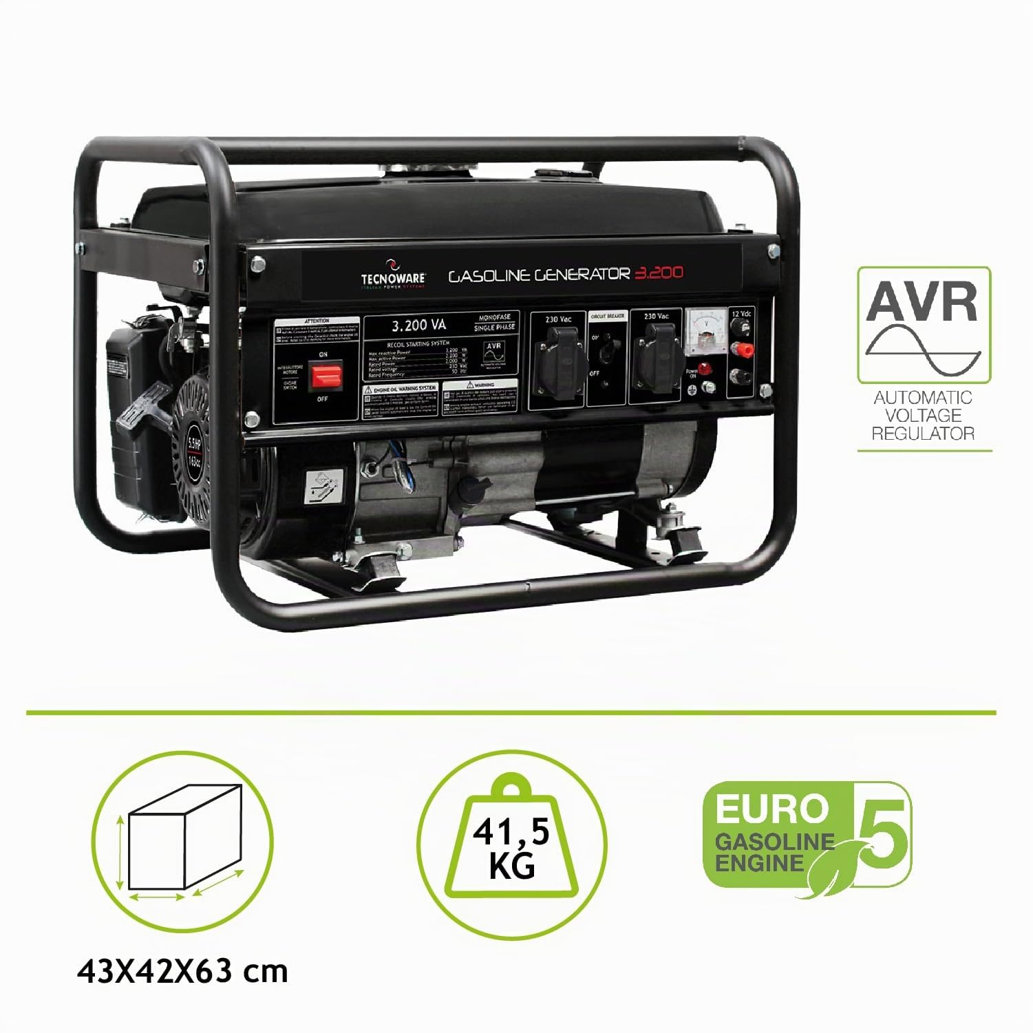 Tecnoware Power Systems - Générateur électrique portable 3200 VA, Monophasé 230 Vac 50 Hz, Démarrage électrique/manuel, Faible bruit, Réservoir 15L, AVR, 2 Prises SCHUKO, Noir, 3200 VA