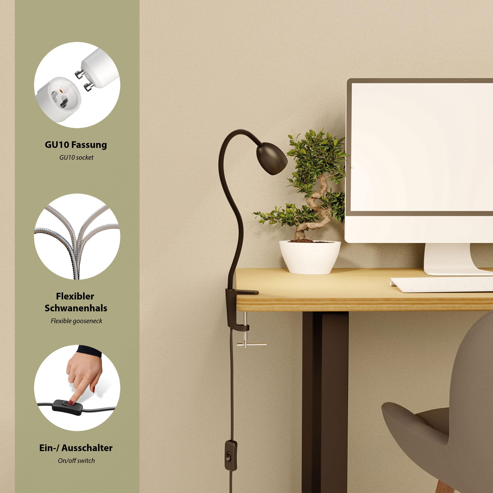 ledscom.de 2 pezzi lampada a morsetto, collo d'oca KLUK, interruttore, nero opaco, 1x GU10 max. 60W