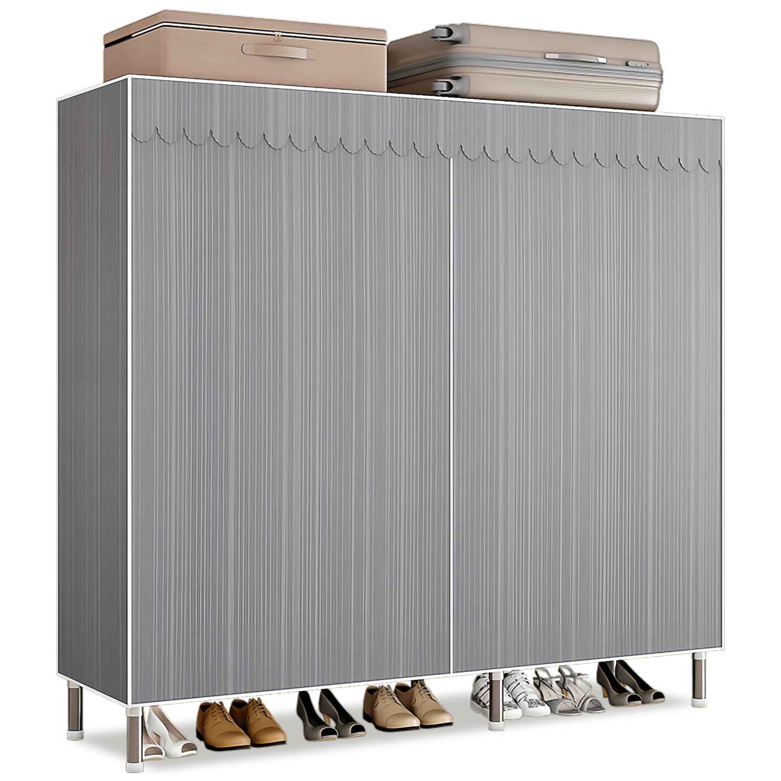 Kleiderschrank Stoffschrank Stabil, Stoff Faltschrank Für Schlafzimmer Mit Kleiderstange & Ablagen, Ankleidezimmer Garderobe Mit Kleiderständer 126x46x173cm Graue Streifen