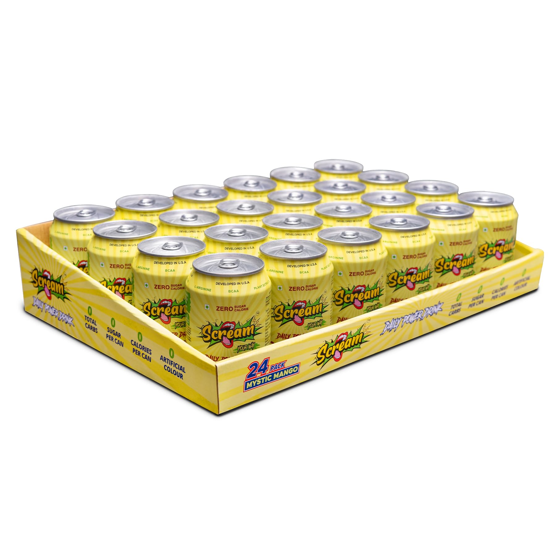 SCREAM YOUR WAY Power Drink: Mango Flavour, Zero Sugar, Calorie, Carb, Artificial Color Energy Drink With BCAA, Natural Caffeine, Sustained Energy - Pack of 24, 250mL Cans